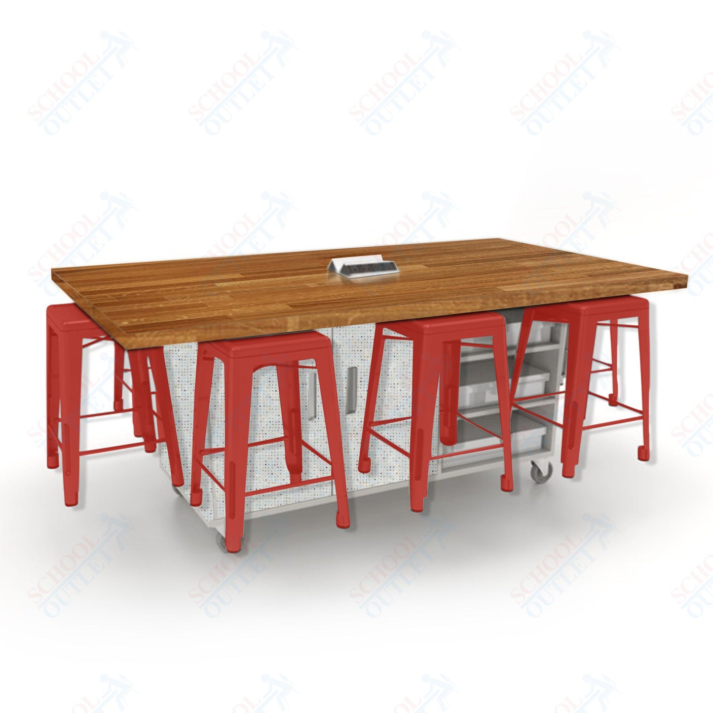 CEF ED8 Table 36"H Butcher Block Top, Laminate Base with  8 Stools, Storage bins, and Electrical Outlets Included.