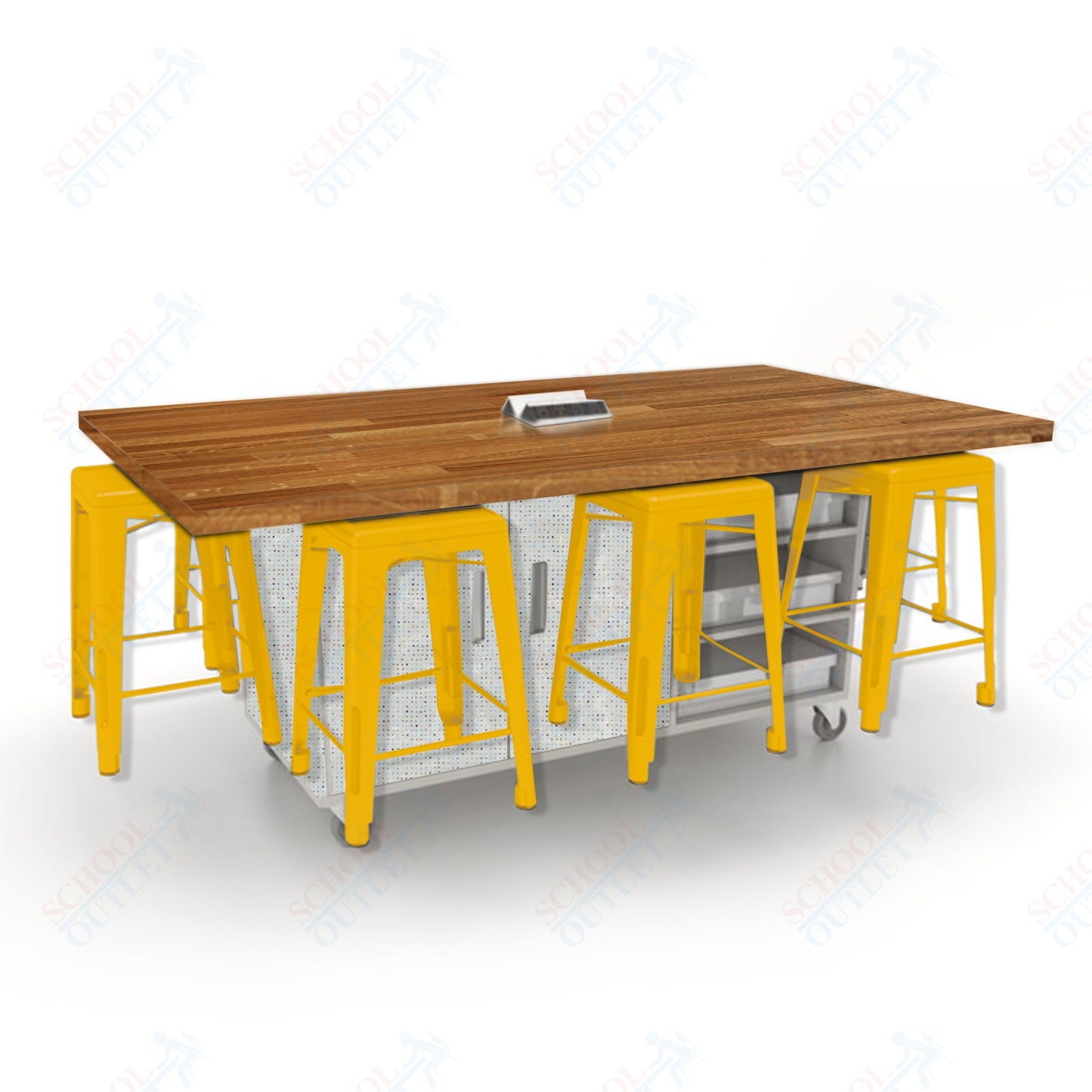 CEF ED8 Table 36"H Butcher Block Top, Laminate Base with  8 Stools, Storage bins, and Electrical Outlets Included.