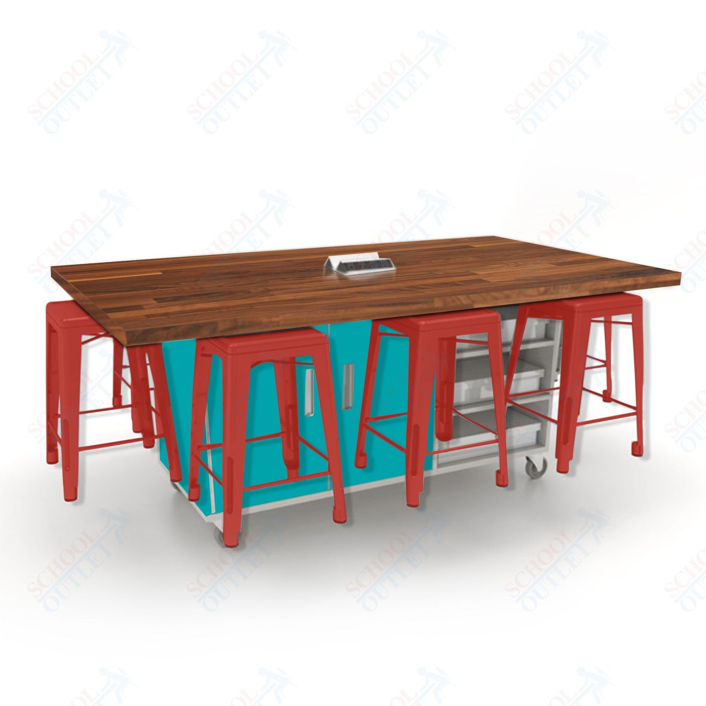 CEF ED8 Table 36"H Butcher Block Top, Laminate Base with  8 Stools, Storage bins, and Electrical Outlets Included.