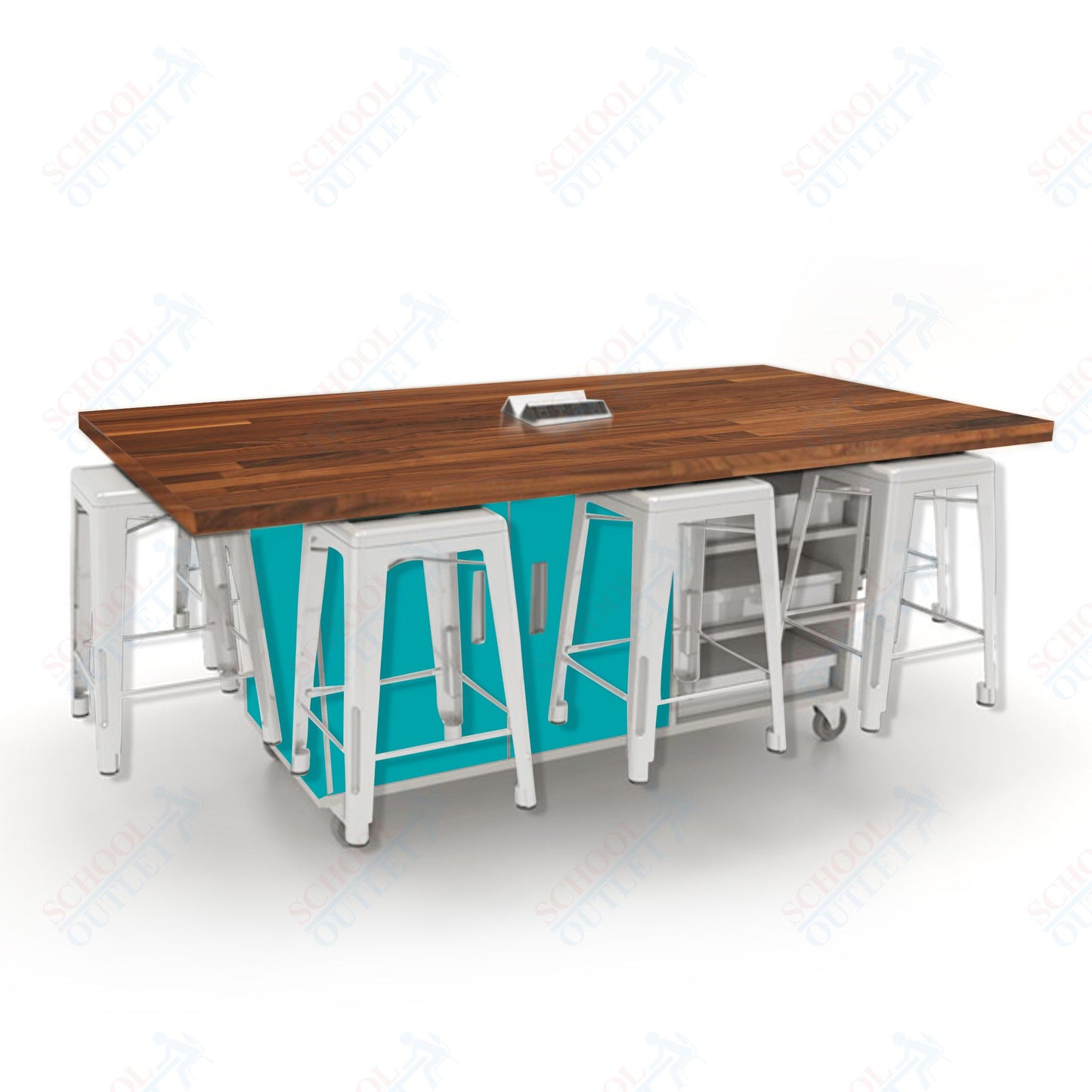 CEF ED8 Table 36"H Butcher Block Top, Laminate Base with  8 Stools, Storage bins, and Electrical Outlets Included.