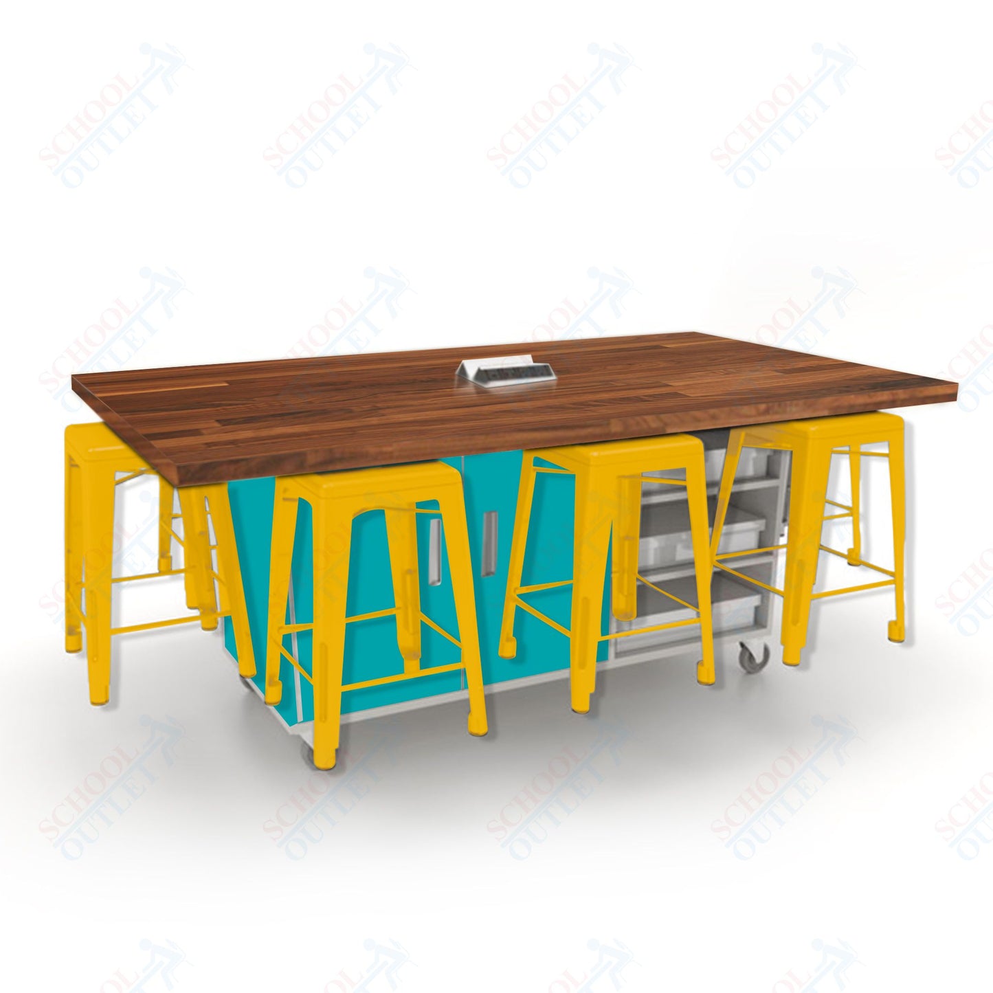 CEF ED8 Table 36"H Butcher Block Top, Laminate Base with  8 Stools, Storage bins, and Electrical Outlets Included.