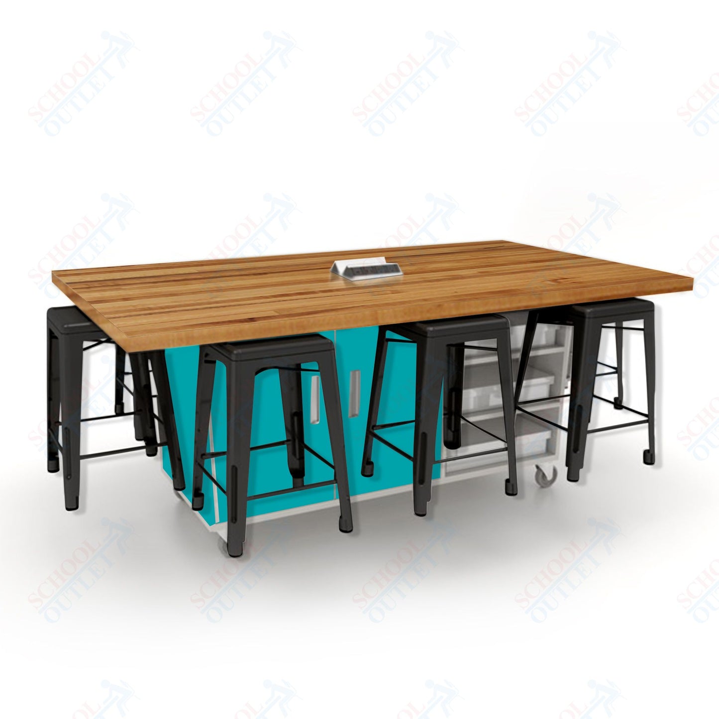 CEF ED8 Table 36"H Butcher Block Top, Laminate Base with  8 Stools, Storage bins, and Electrical Outlets Included.