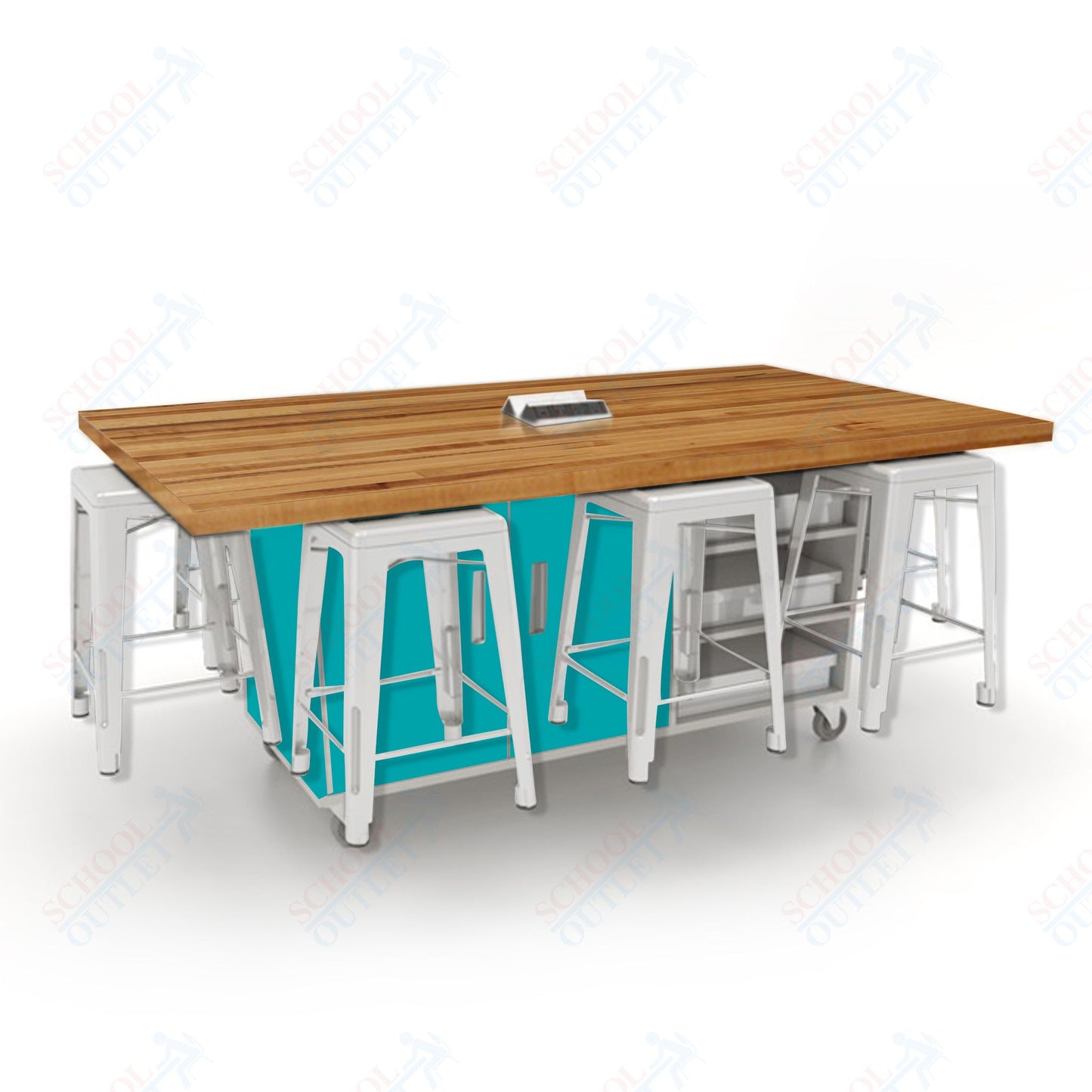 CEF ED8 Table 36"H Butcher Block Top, Laminate Base with  8 Stools, Storage bins, and Electrical Outlets Included.