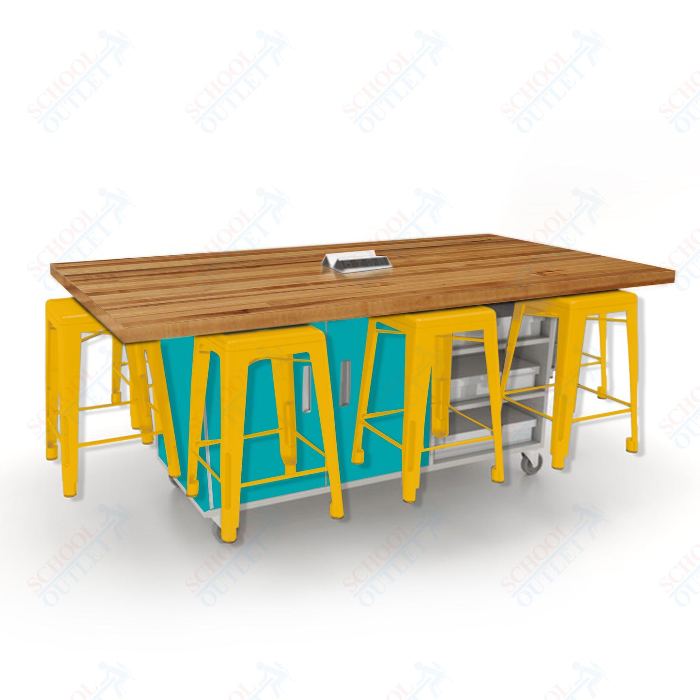 CEF ED8 Table 36"H Butcher Block Top, Laminate Base with  8 Stools, Storage bins, and Electrical Outlets Included.