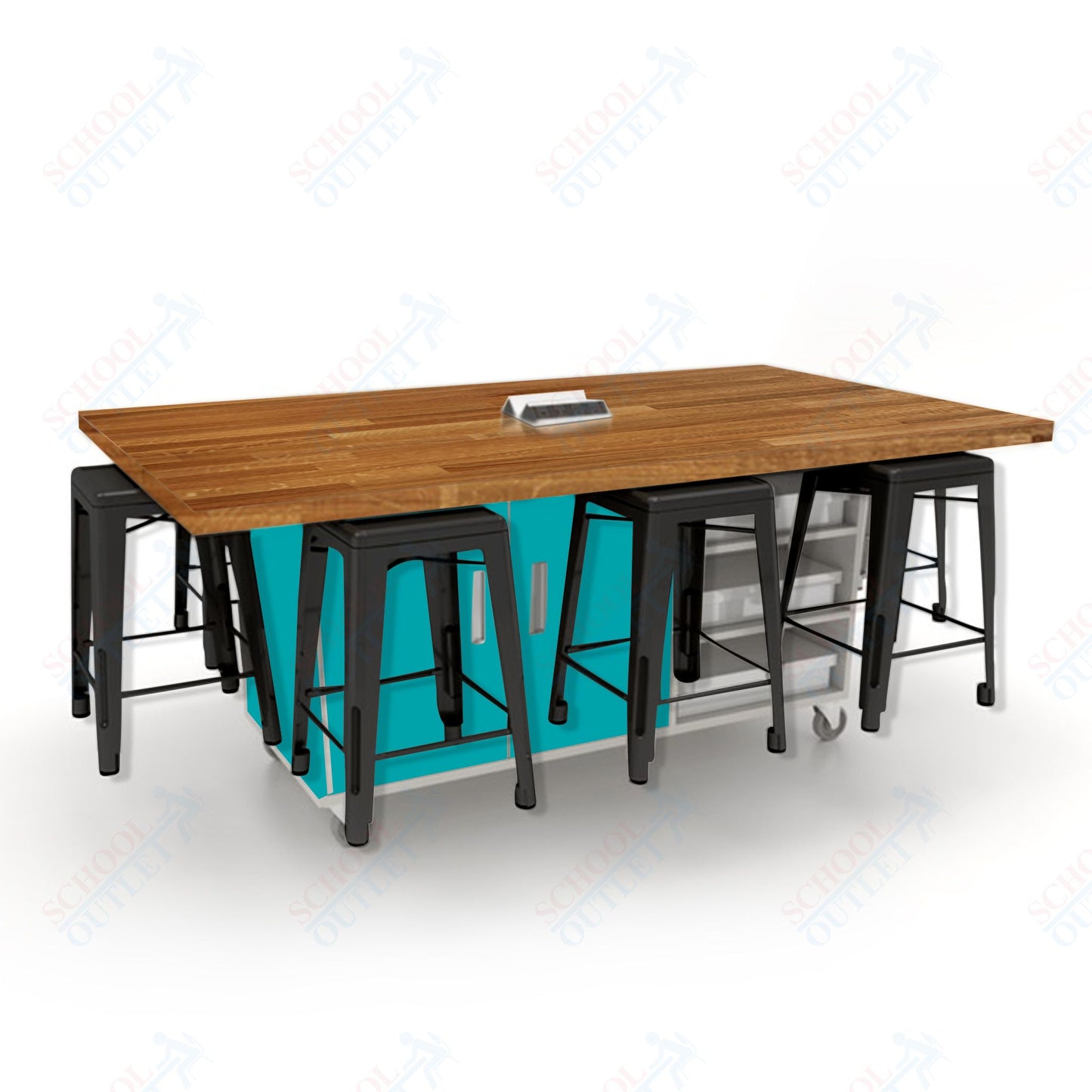 CEF ED8 Table 36"H Butcher Block Top, Laminate Base with  8 Stools, Storage bins, and Electrical Outlets Included.