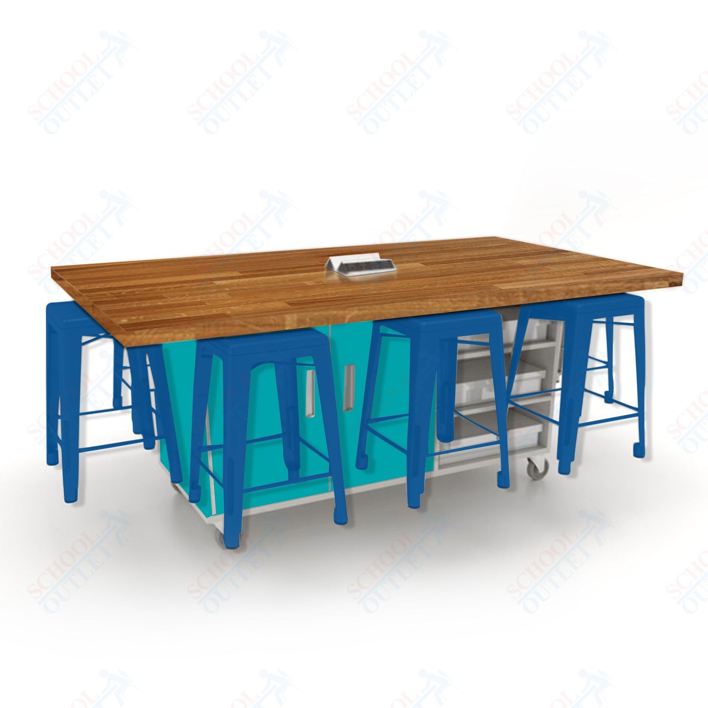 CEF ED8 Table 36"H Butcher Block Top, Laminate Base with  8 Stools, Storage bins, and Electrical Outlets Included.