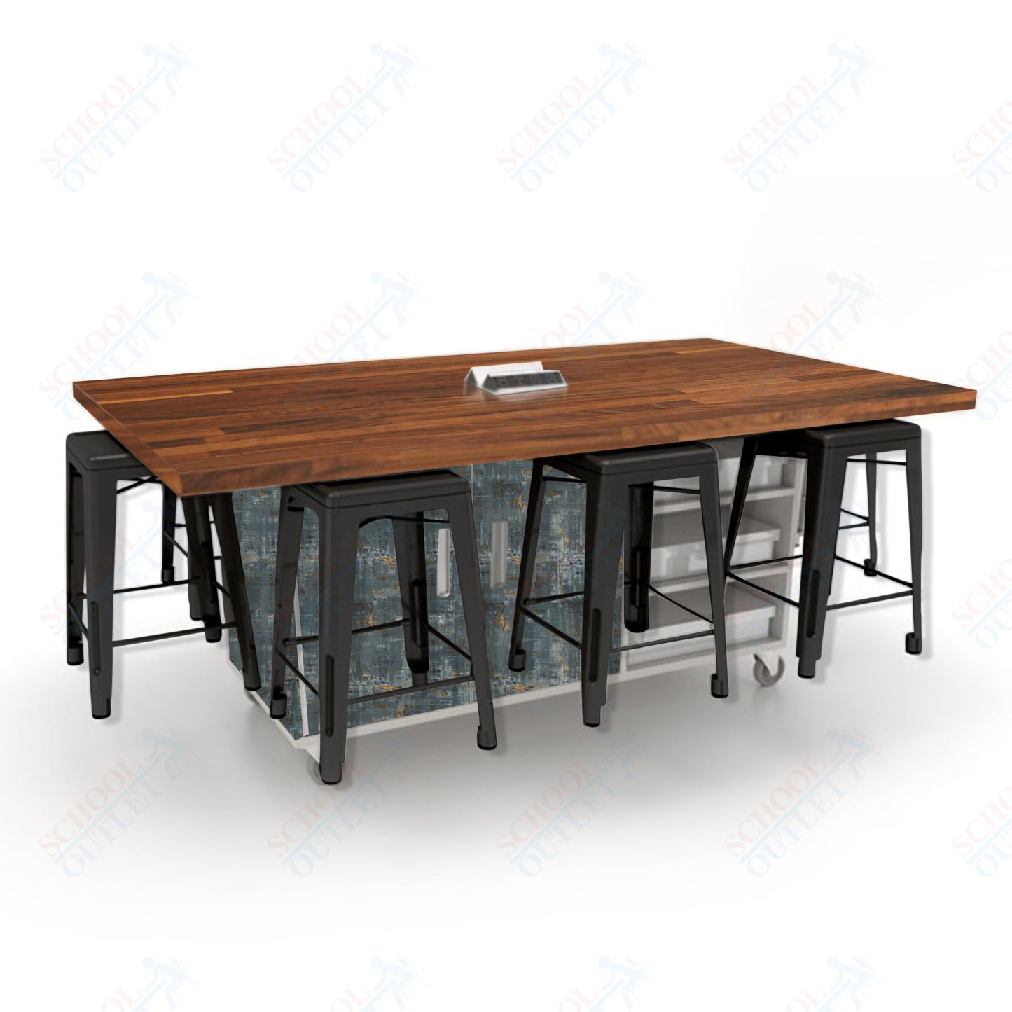 CEF ED8 Table 36"H Butcher Block Top, Laminate Base with  8 Stools, Storage bins, and Electrical Outlets Included.