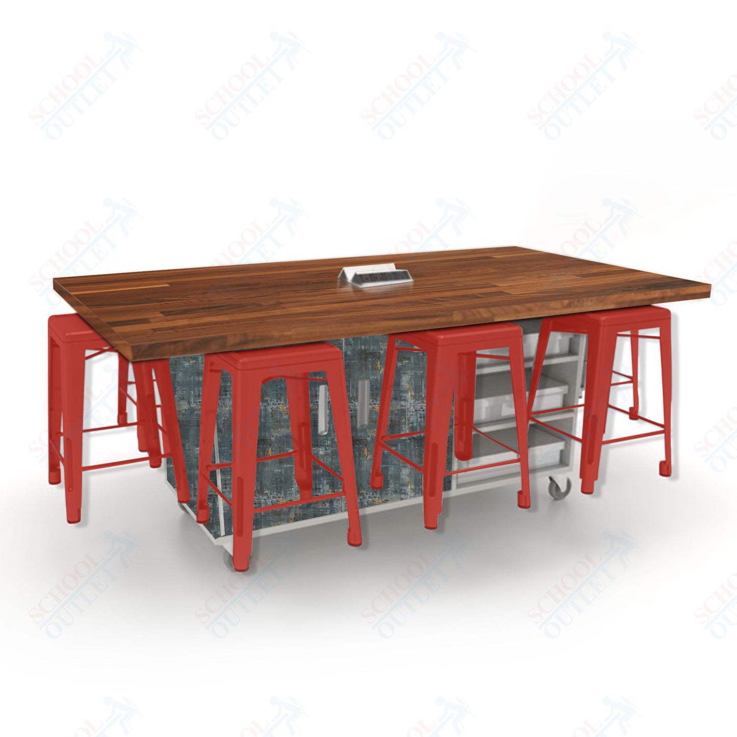 CEF ED8 Table 36"H Butcher Block Top, Laminate Base with  8 Stools, Storage bins, and Electrical Outlets Included.