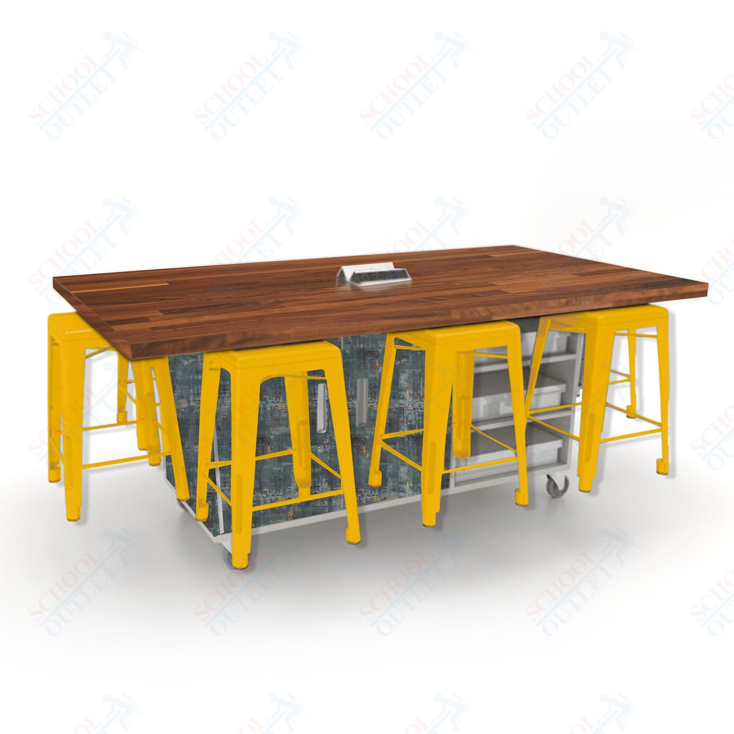 CEF ED8 Table 36"H Butcher Block Top, Laminate Base with  8 Stools, Storage bins, and Electrical Outlets Included.