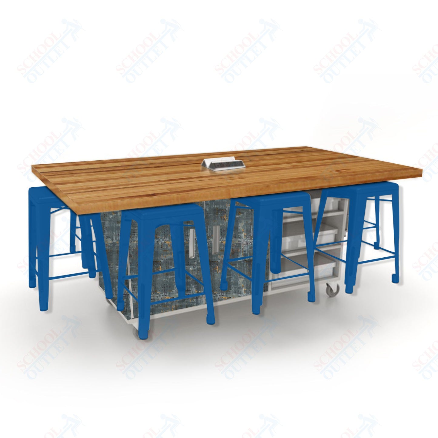 CEF ED8 Table 36"H Butcher Block Top, Laminate Base with  8 Stools, Storage bins, and Electrical Outlets Included.