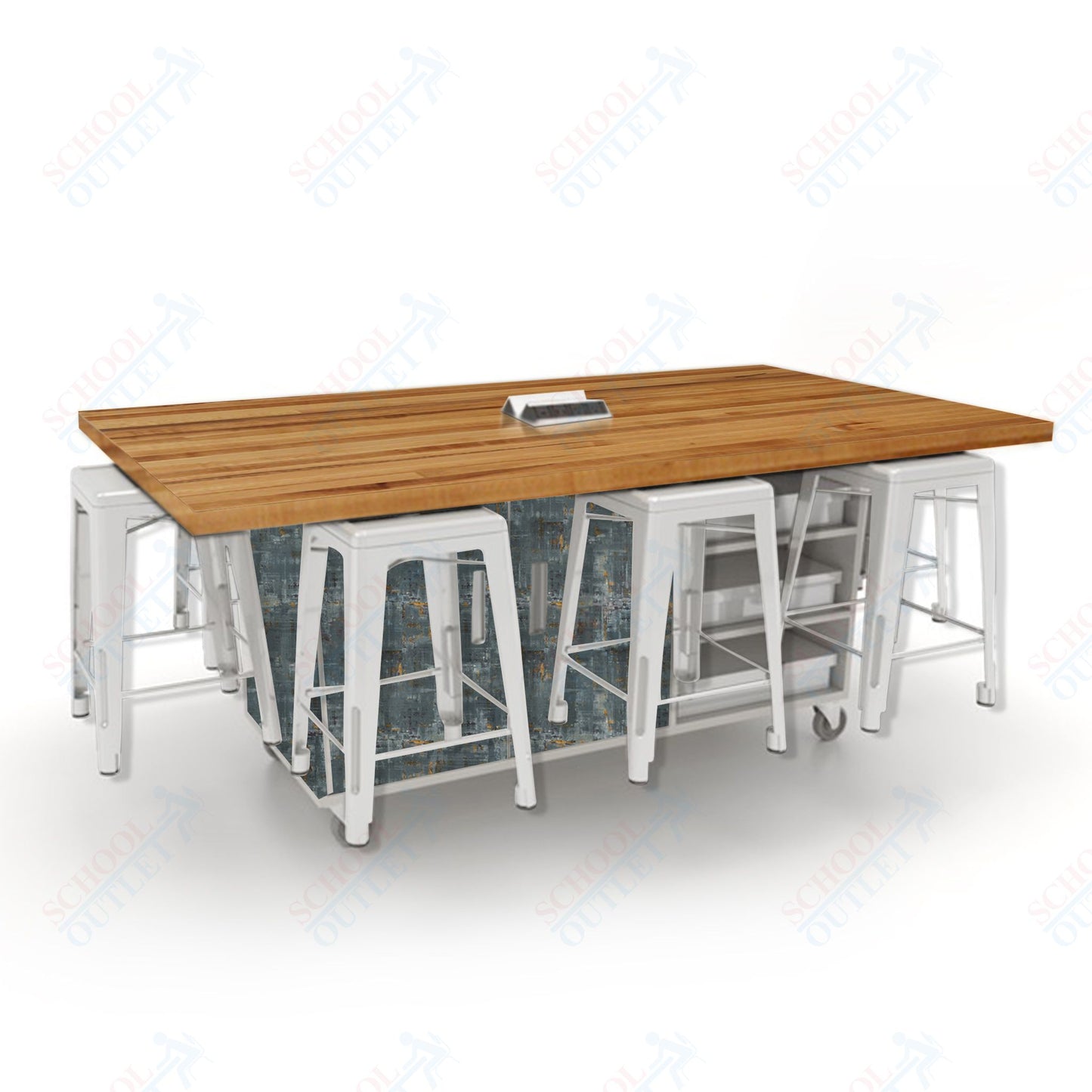 CEF ED8 Table 36"H Butcher Block Top, Laminate Base with  8 Stools, Storage bins, and Electrical Outlets Included.