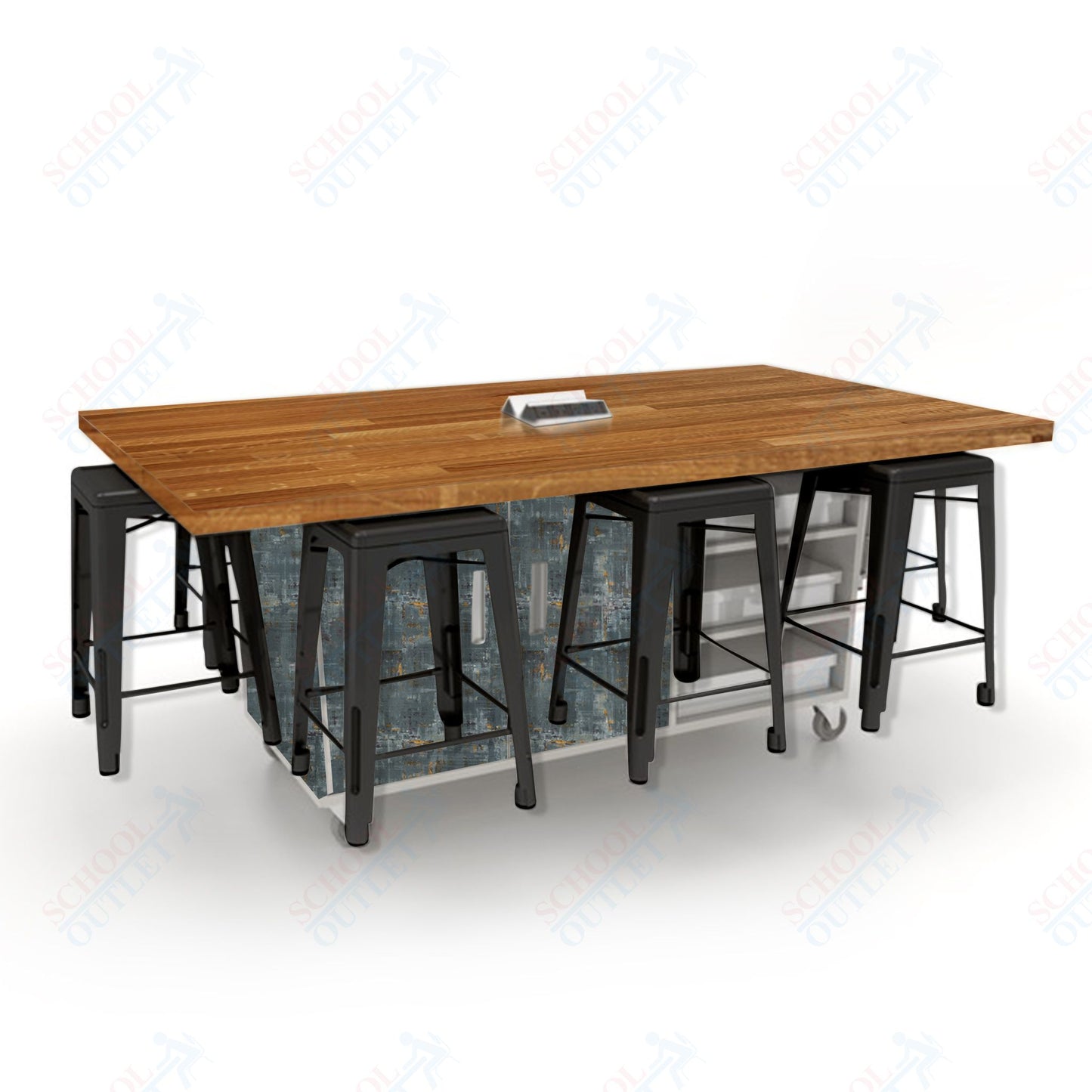 CEF ED8 Table 36"H Butcher Block Top, Laminate Base with  8 Stools, Storage bins, and Electrical Outlets Included.