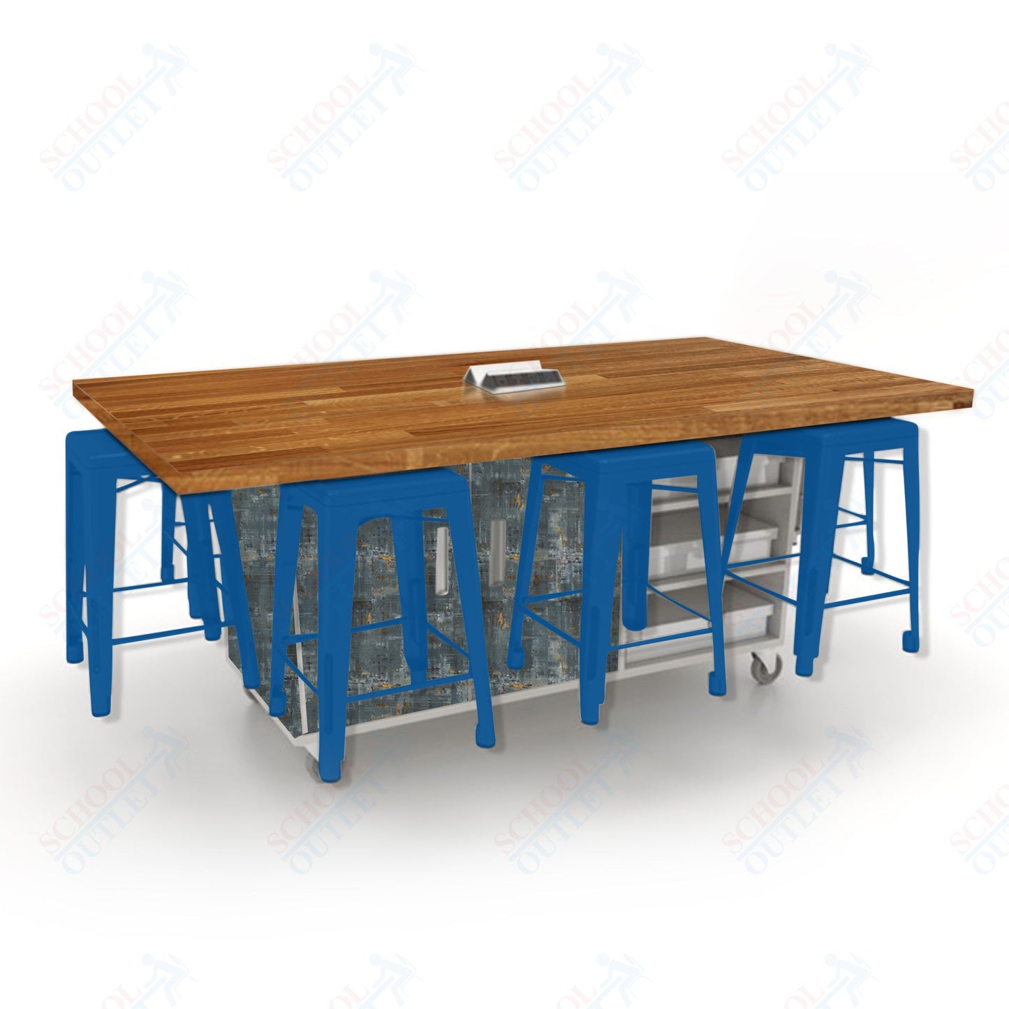 CEF ED8 Table 36"H Butcher Block Top, Laminate Base with  8 Stools, Storage bins, and Electrical Outlets Included.