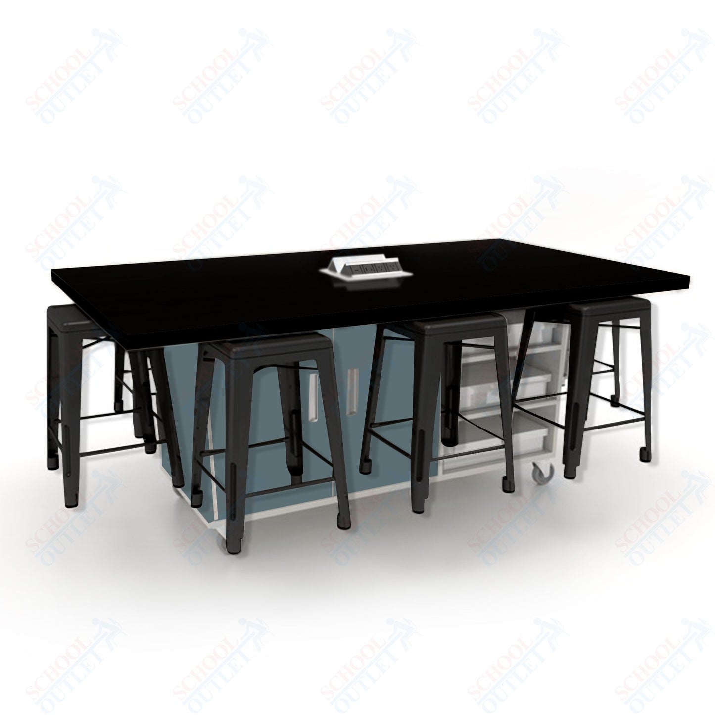 CEF ED8 Table 36"H High Pressure Laminate Top, Laminate Base with  8 Stools, Storage bins, and Electrical Outlets Included.