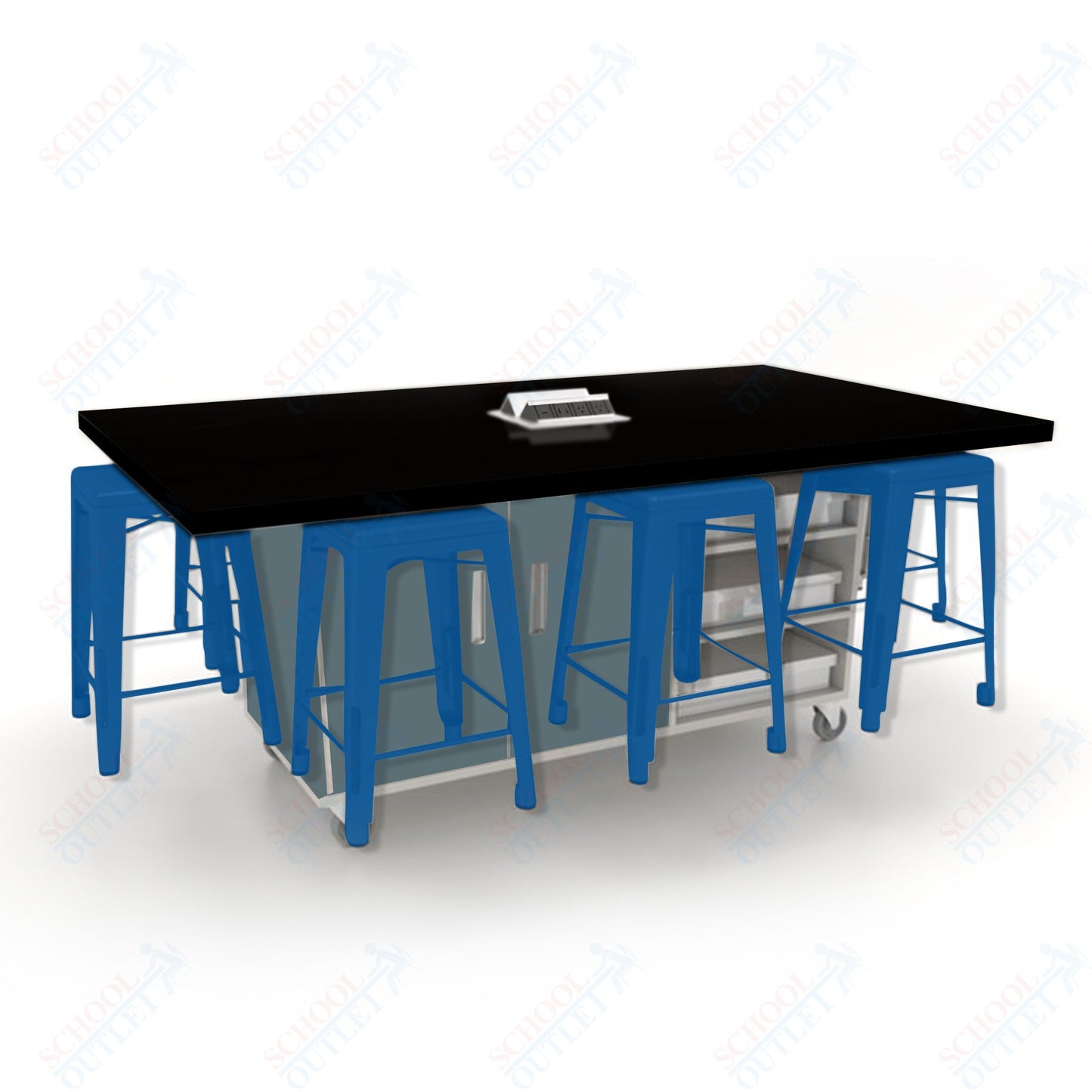 CEF ED8 Table 36"H High Pressure Laminate Top, Laminate Base with  8 Stools, Storage bins, and Electrical Outlets Included.