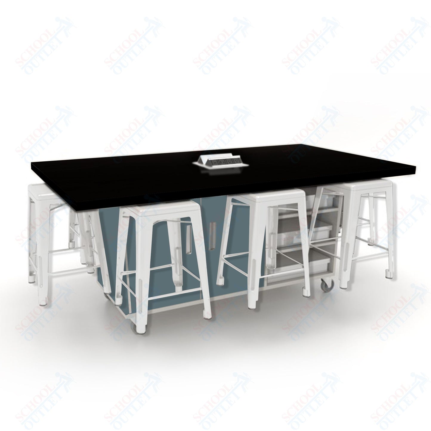 CEF ED8 Table 36"H High Pressure Laminate Top, Laminate Base with  8 Stools, Storage bins, and Electrical Outlets Included.