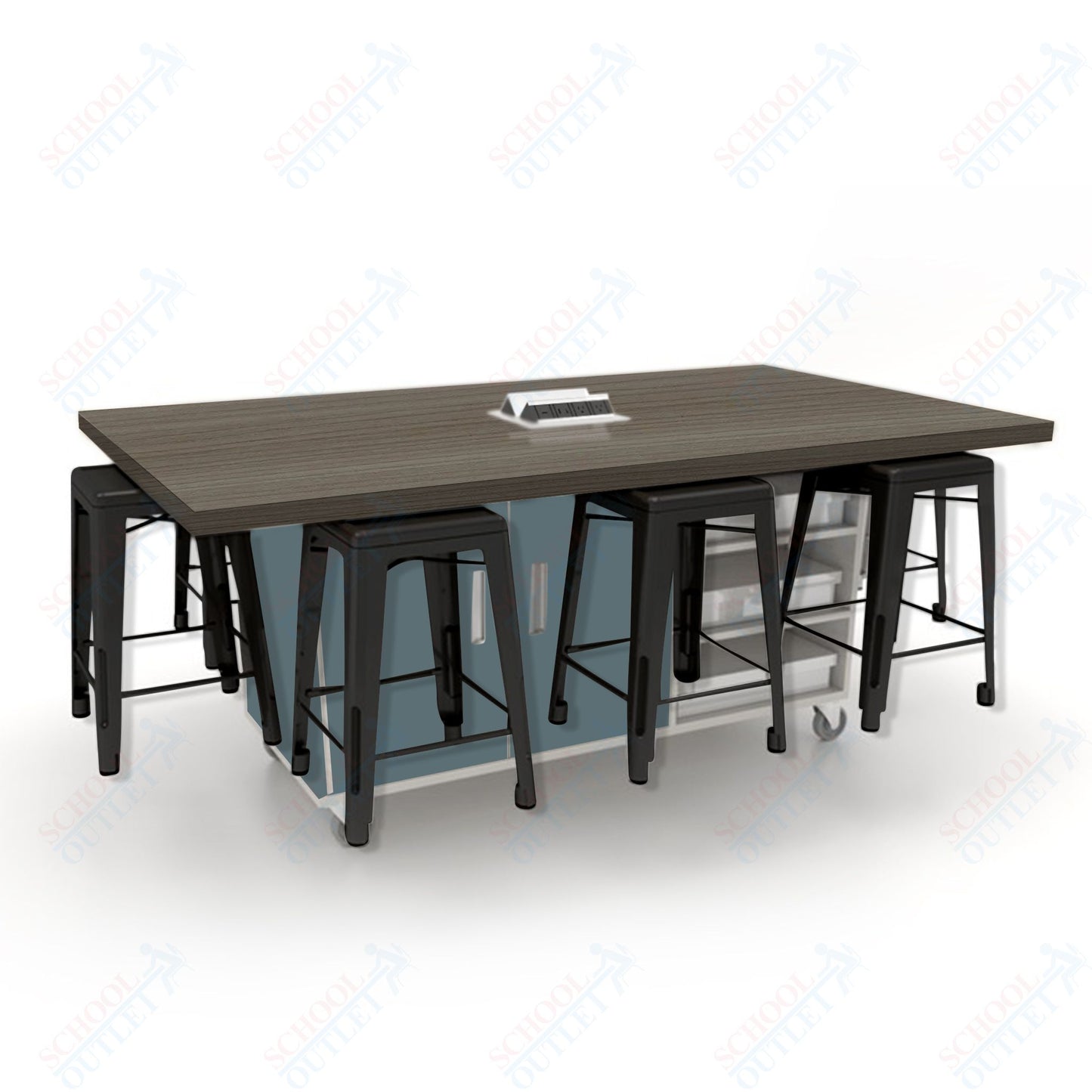 CEF ED8 Table 36"H High Pressure Laminate Top, Laminate Base with  8 Stools, Storage bins, and Electrical Outlets Included.