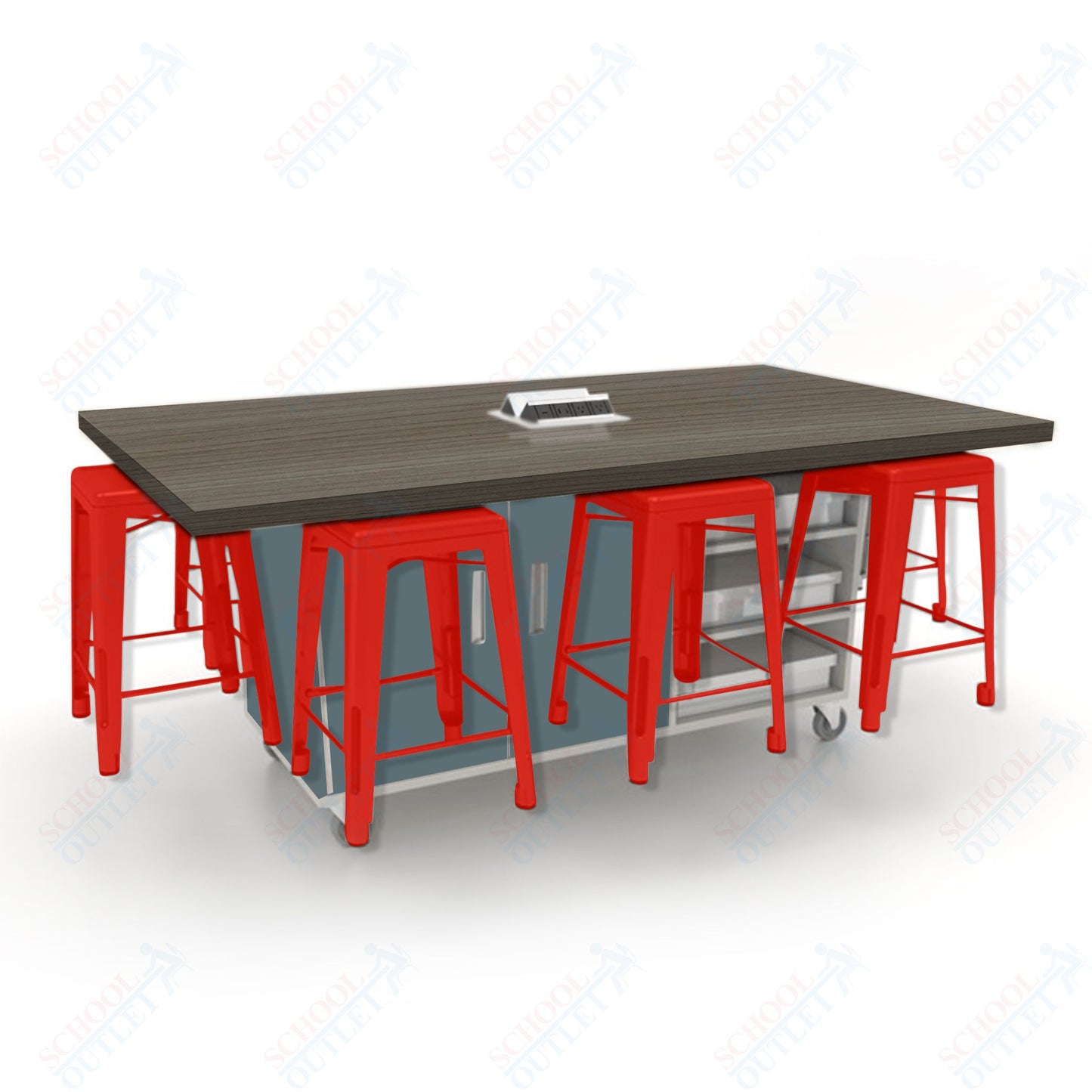 CEF ED8 Table 36"H High Pressure Laminate Top, Laminate Base with  8 Stools, Storage bins, and Electrical Outlets Included.