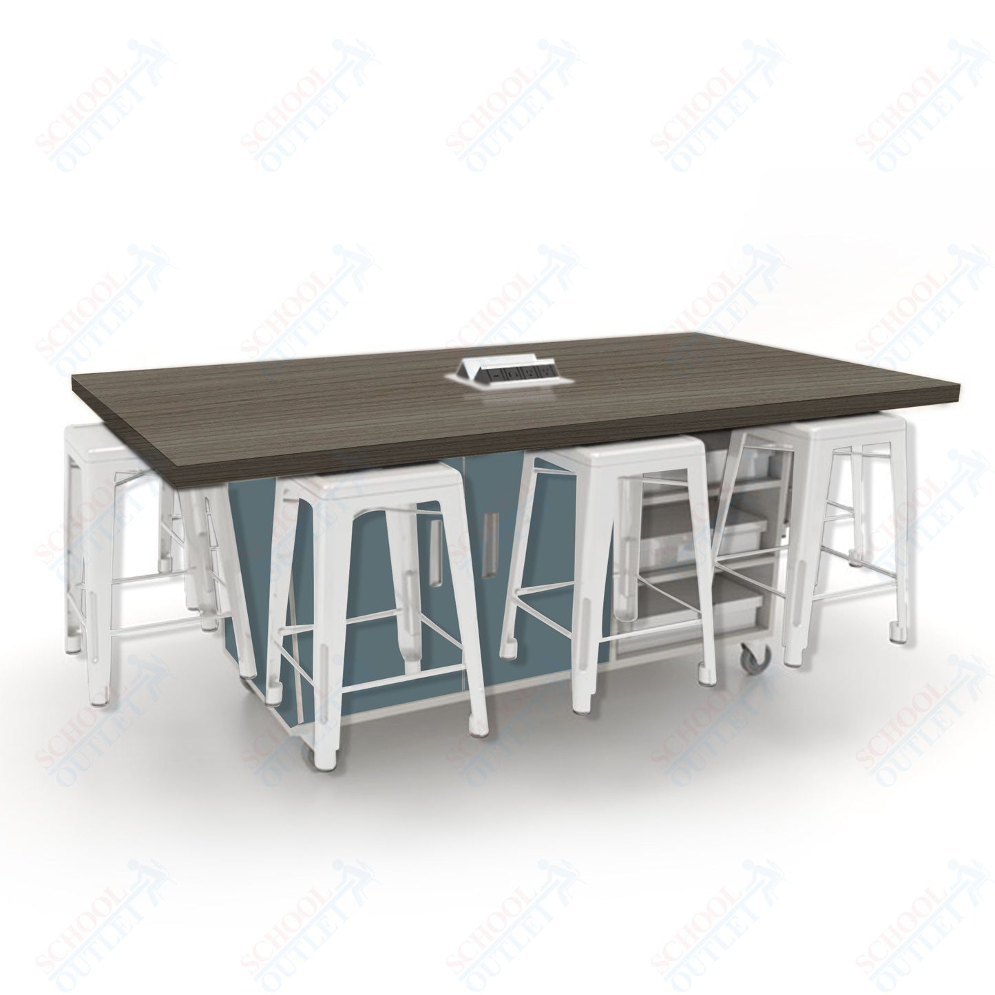 CEF ED8 Table 36"H High Pressure Laminate Top, Laminate Base with  8 Stools, Storage bins, and Electrical Outlets Included.