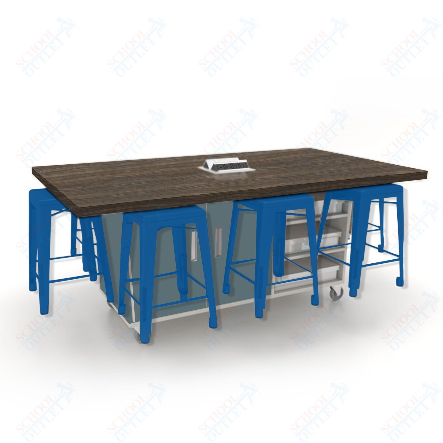 CEF ED8 Table 36"H High Pressure Laminate Top, Laminate Base with  8 Stools, Storage bins, and Electrical Outlets Included.