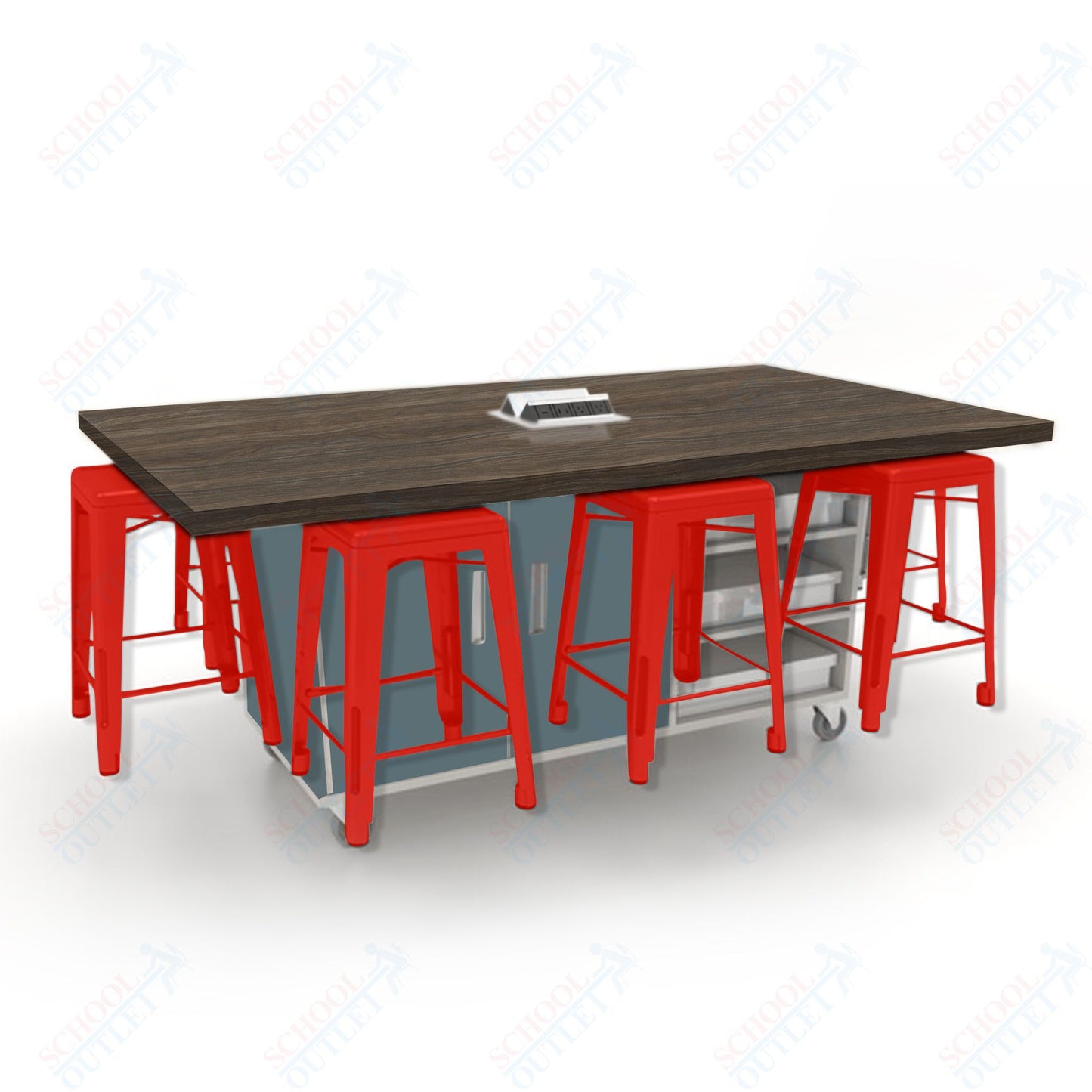 CEF ED8 Table 36"H High Pressure Laminate Top, Laminate Base with  8 Stools, Storage bins, and Electrical Outlets Included.