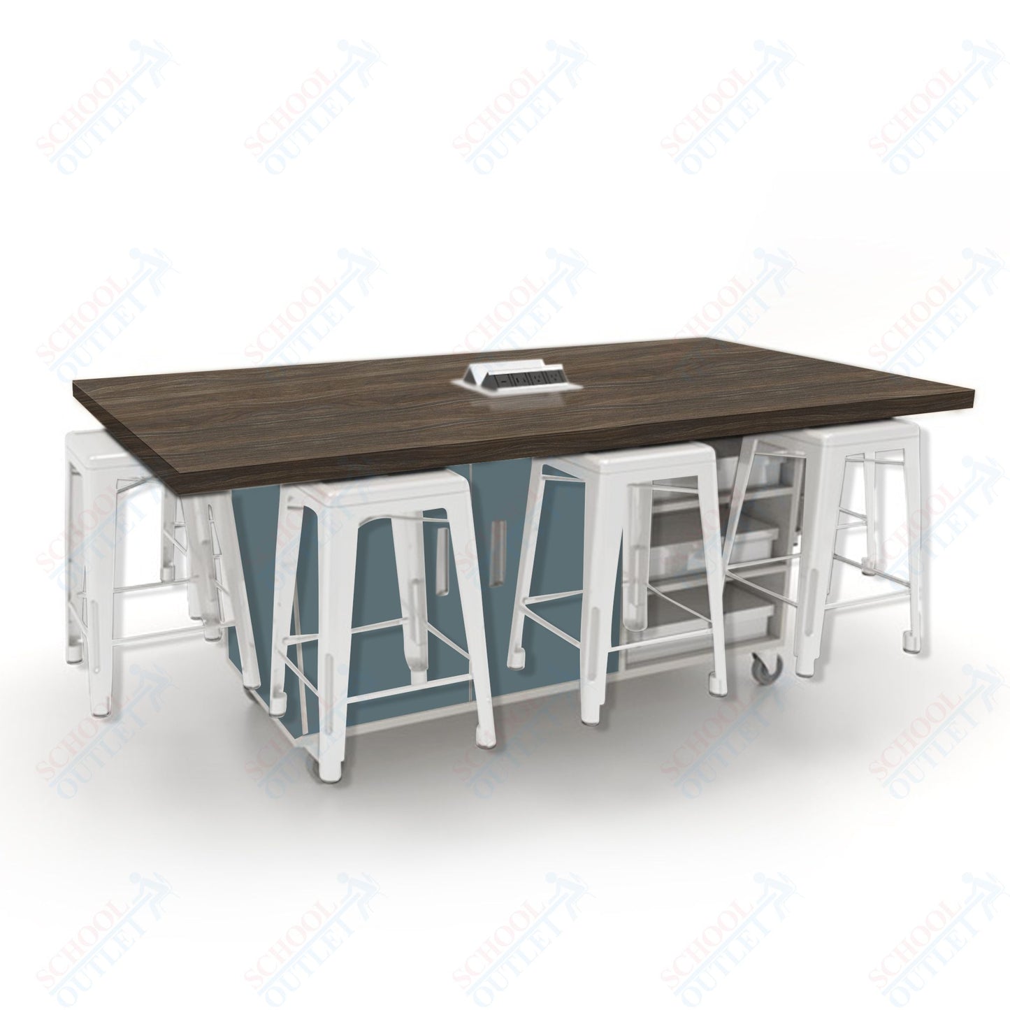 CEF ED8 Table 36"H High Pressure Laminate Top, Laminate Base with  8 Stools, Storage bins, and Electrical Outlets Included.