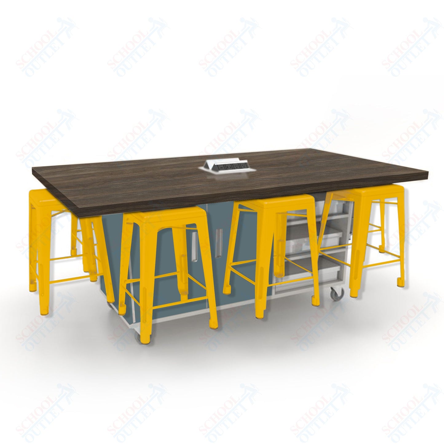 CEF ED8 Table 36"H High Pressure Laminate Top, Laminate Base with  8 Stools, Storage bins, and Electrical Outlets Included.