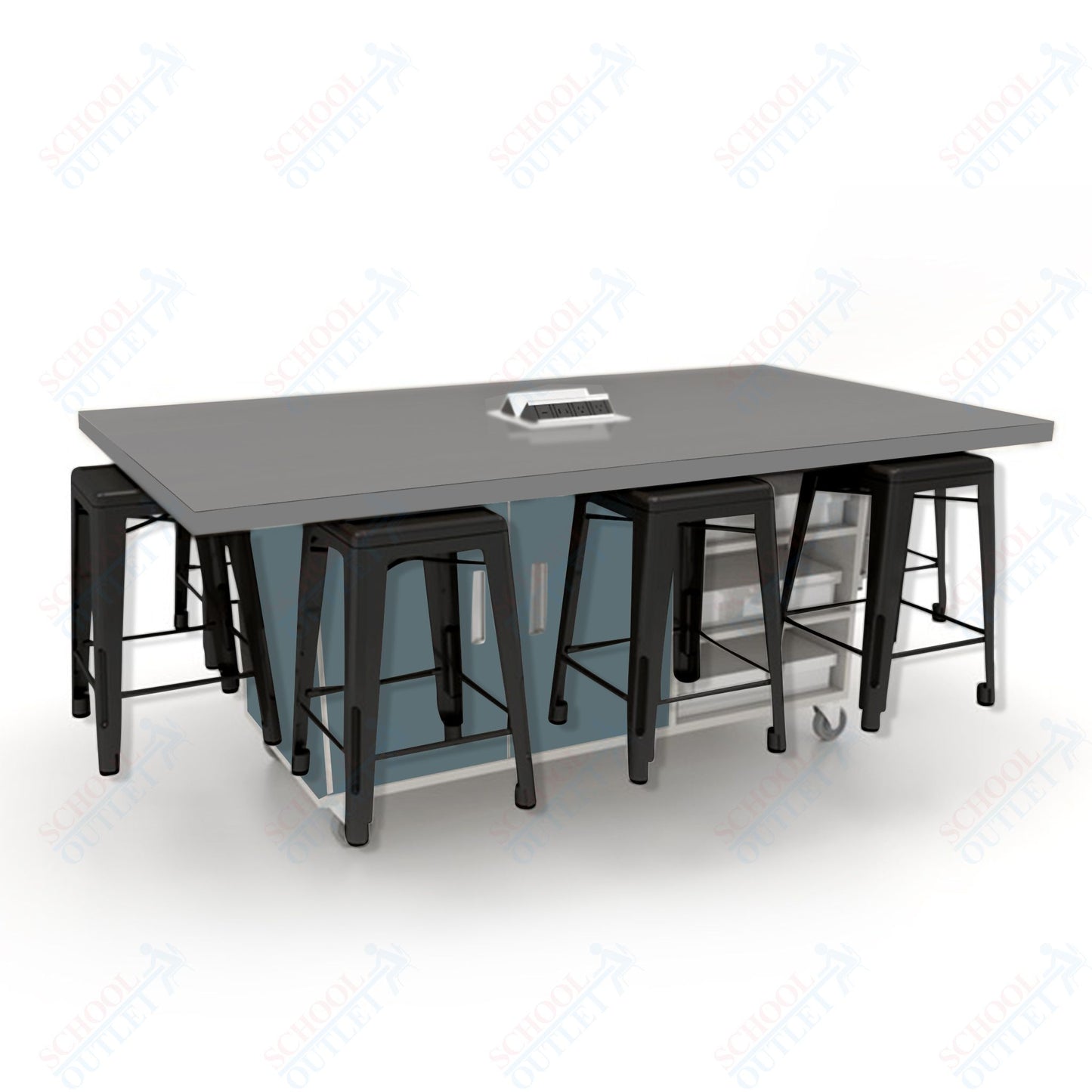 CEF ED8 Table 36"H High Pressure Laminate Top, Laminate Base with  8 Stools, Storage bins, and Electrical Outlets Included.