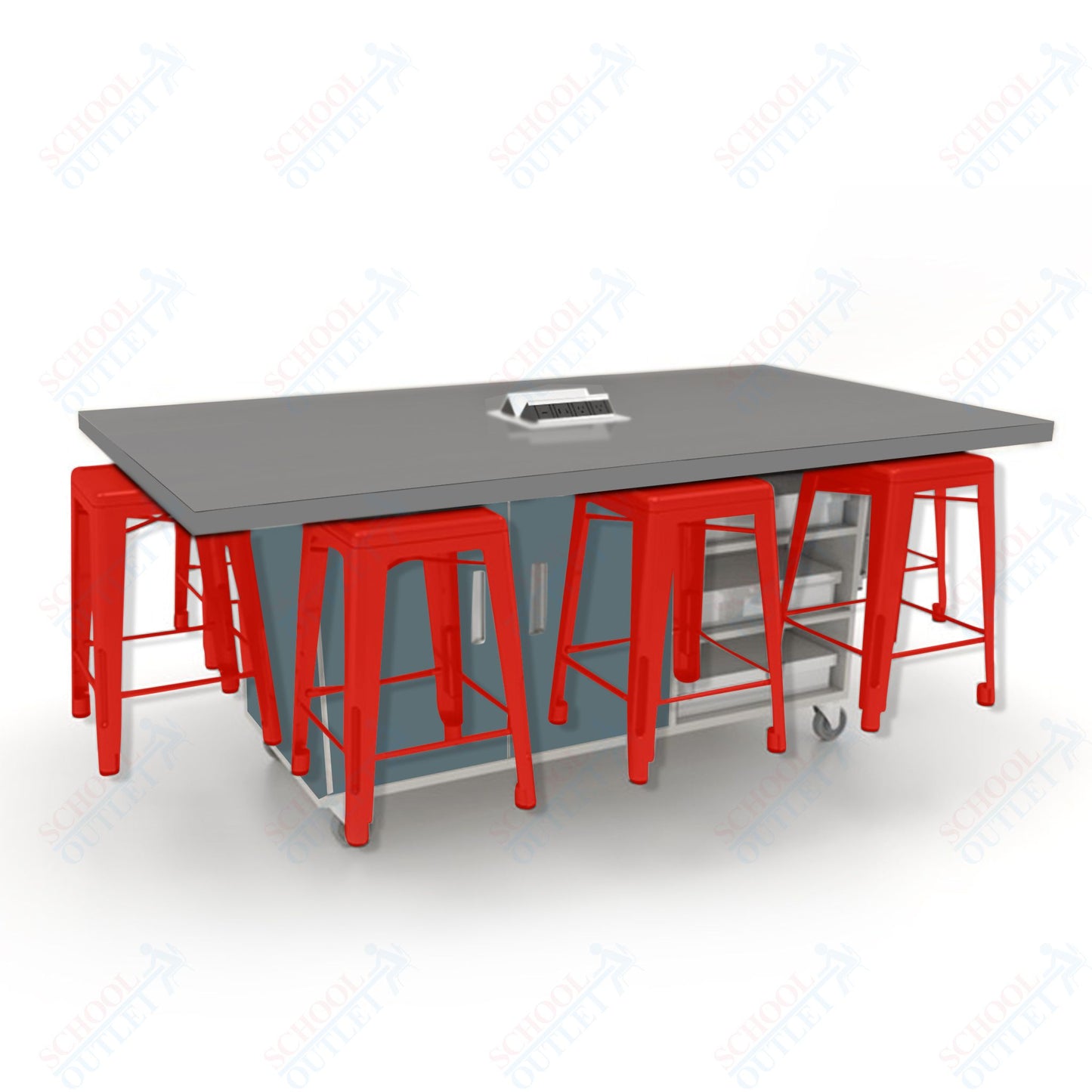 CEF ED8 Table 36"H High Pressure Laminate Top, Laminate Base with  8 Stools, Storage bins, and Electrical Outlets Included.