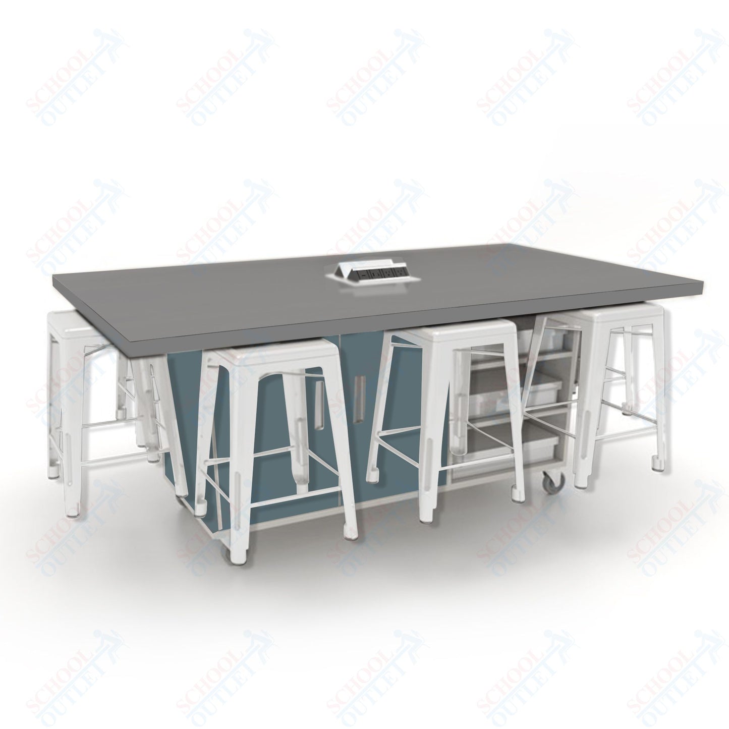 CEF ED8 Table 36"H High Pressure Laminate Top, Laminate Base with  8 Stools, Storage bins, and Electrical Outlets Included.