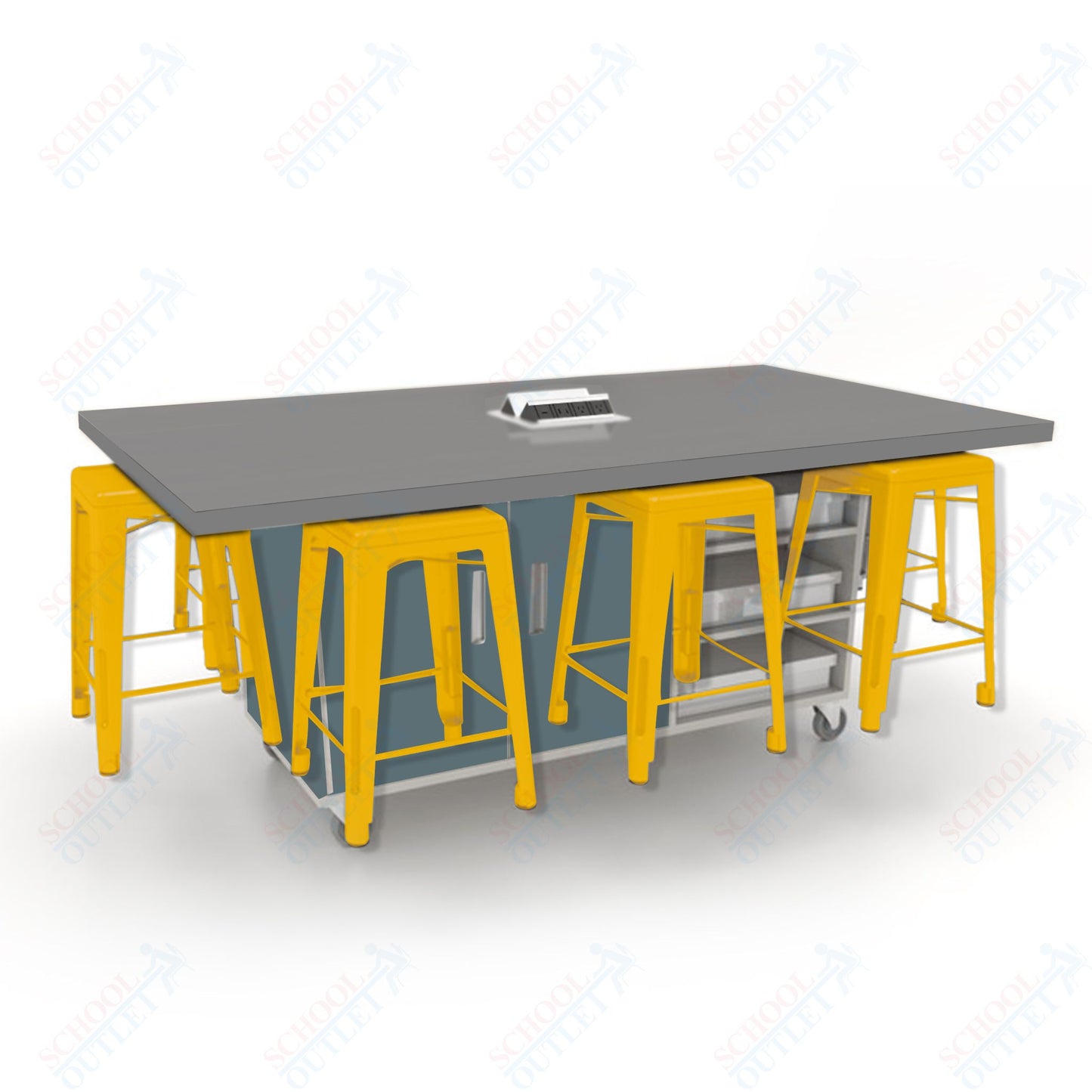 CEF ED8 Table 36"H High Pressure Laminate Top, Laminate Base with  8 Stools, Storage bins, and Electrical Outlets Included.