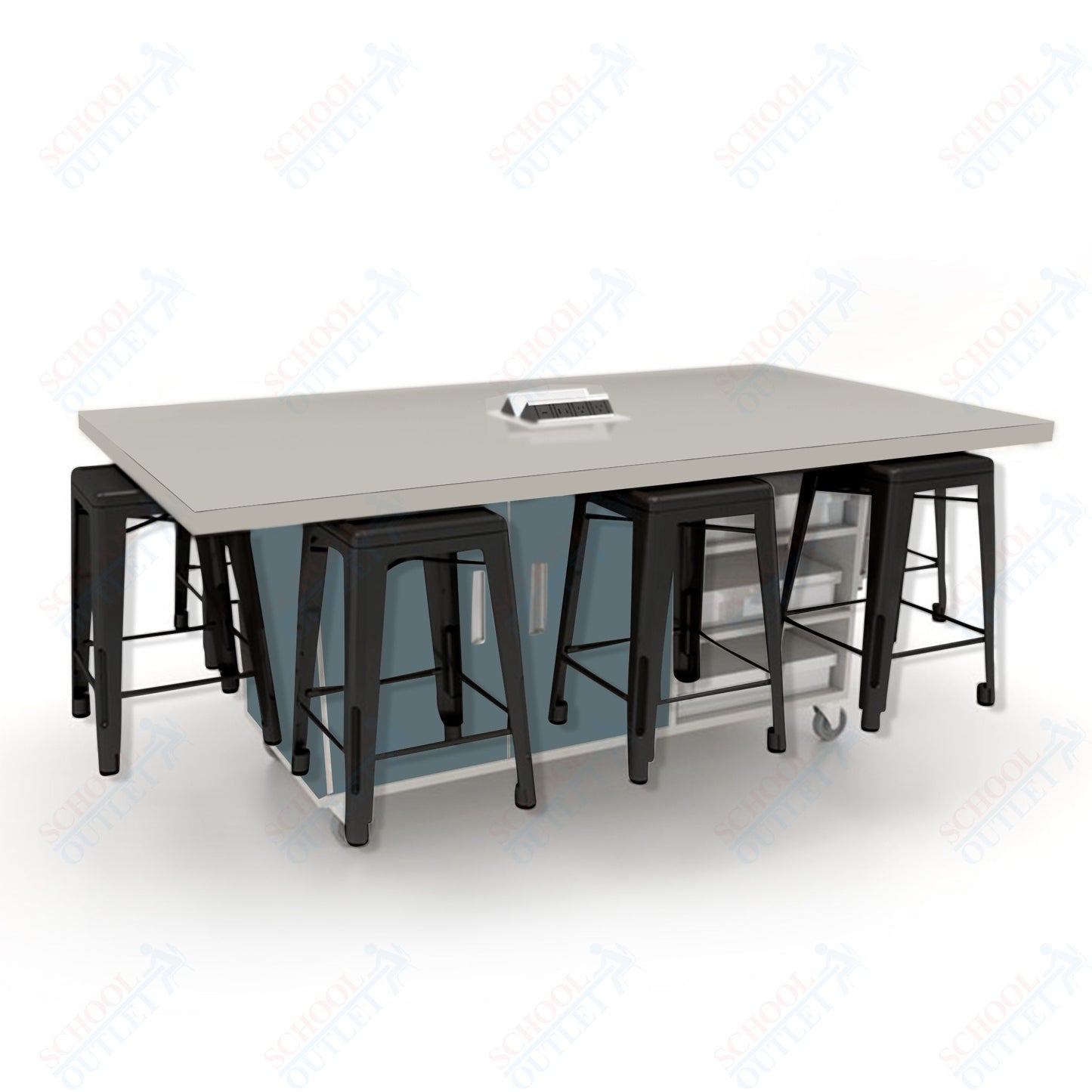 CEF ED8 Table 36"H High Pressure Laminate Top, Laminate Base with  8 Stools, Storage bins, and Electrical Outlets Included.