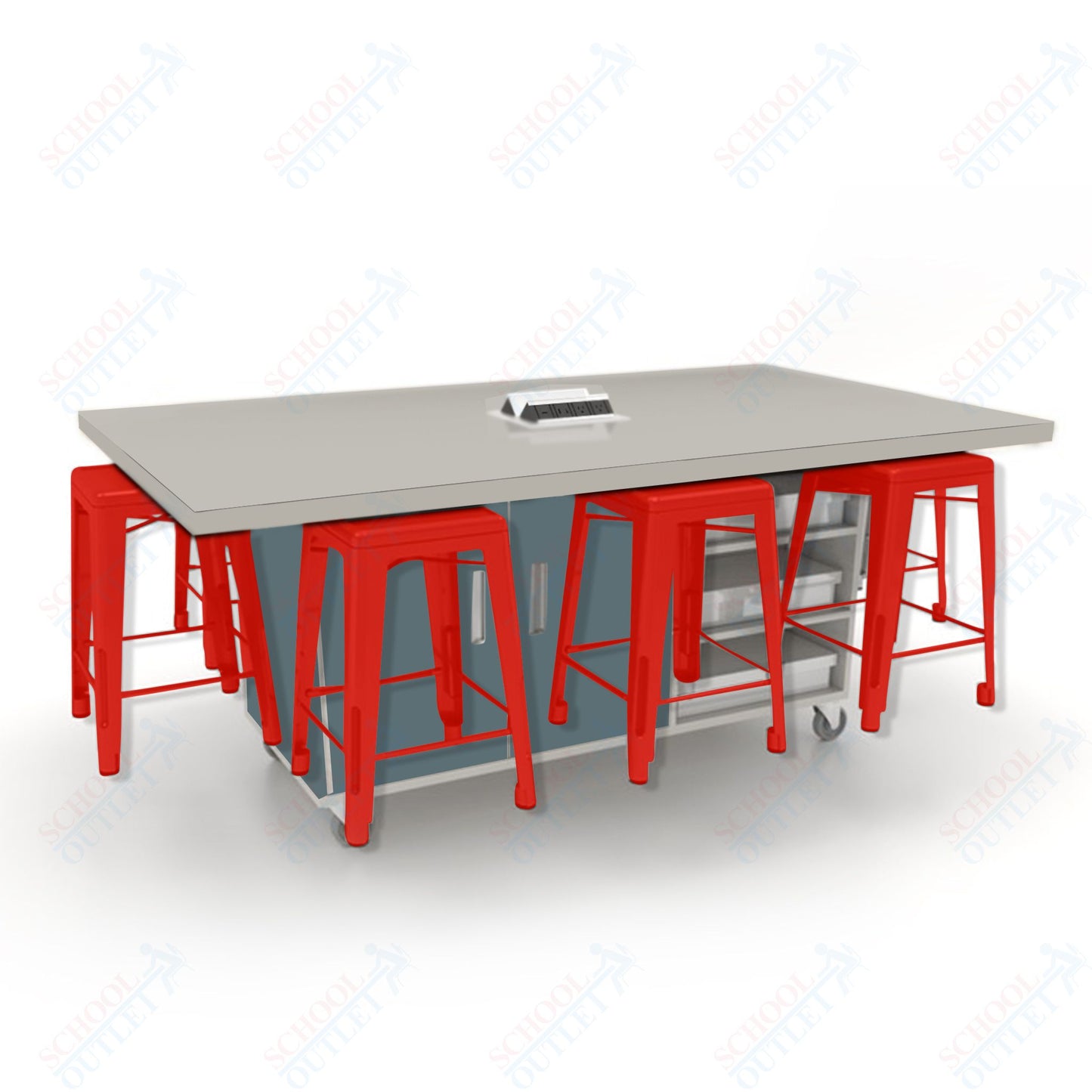 CEF ED8 Table 36"H High Pressure Laminate Top, Laminate Base with  8 Stools, Storage bins, and Electrical Outlets Included.