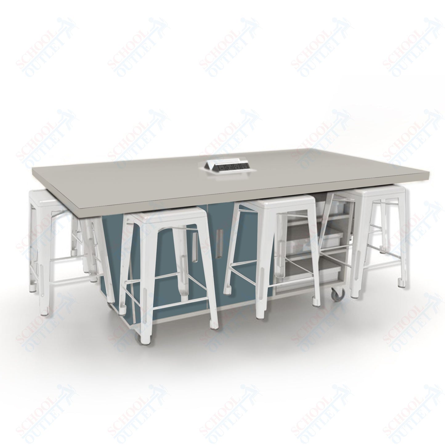 CEF ED8 Table 36"H High Pressure Laminate Top, Laminate Base with  8 Stools, Storage bins, and Electrical Outlets Included.