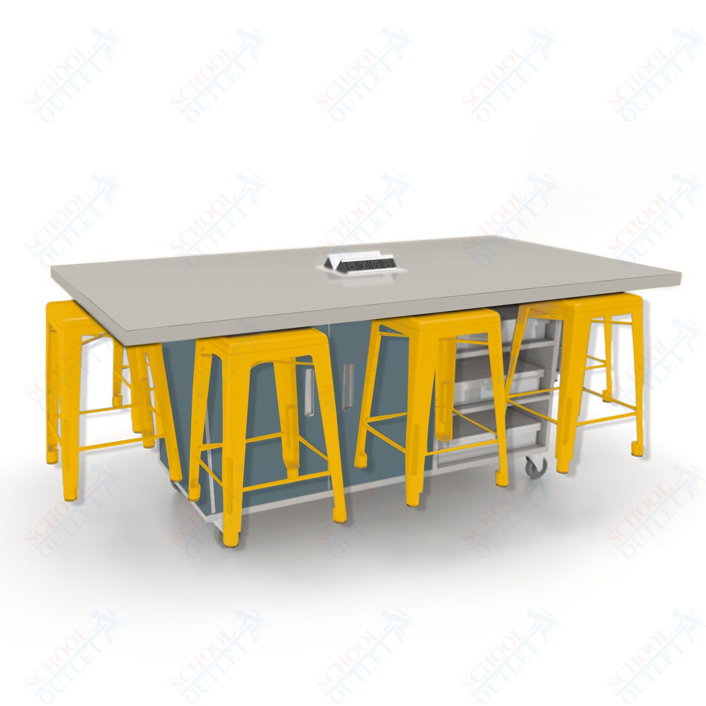 CEF ED8 Table 36"H High Pressure Laminate Top, Laminate Base with  8 Stools, Storage bins, and Electrical Outlets Included.