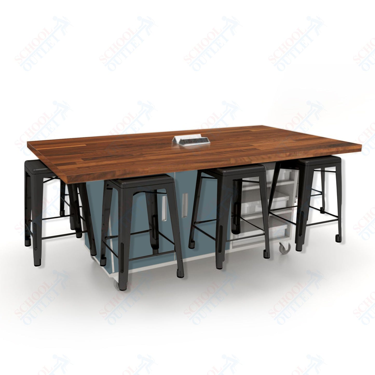 CEF ED8 Table 36"H Butcher Block Top, Laminate Base with  8 Stools, Storage bins, and Electrical Outlets Included.