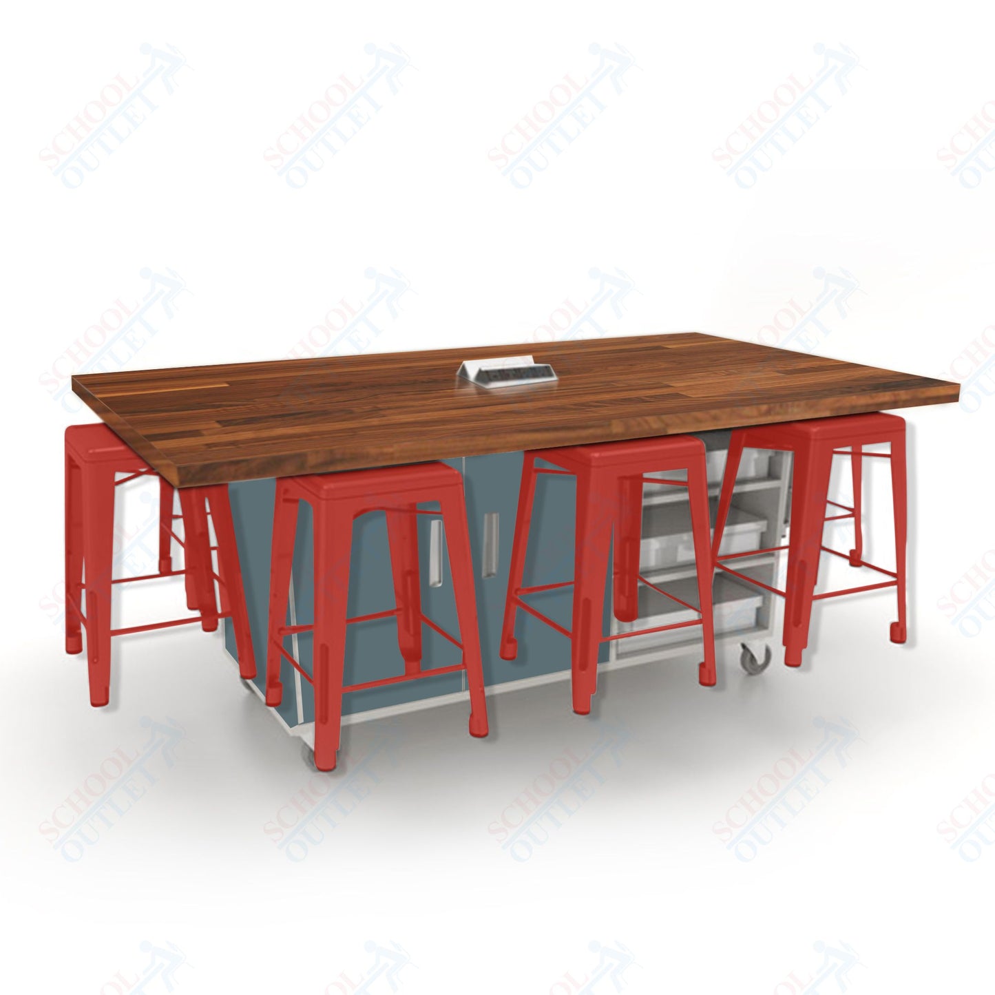 CEF ED8 Table 36"H Butcher Block Top, Laminate Base with  8 Stools, Storage bins, and Electrical Outlets Included.