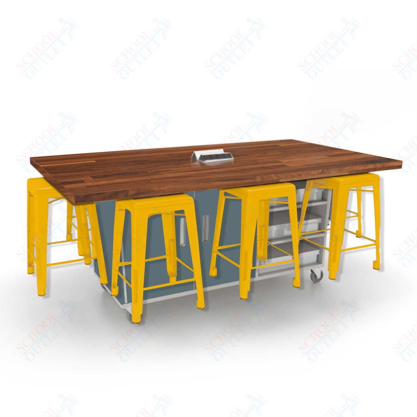 CEF ED8 Table 36"H Butcher Block Top, Laminate Base with  8 Stools, Storage bins, and Electrical Outlets Included.