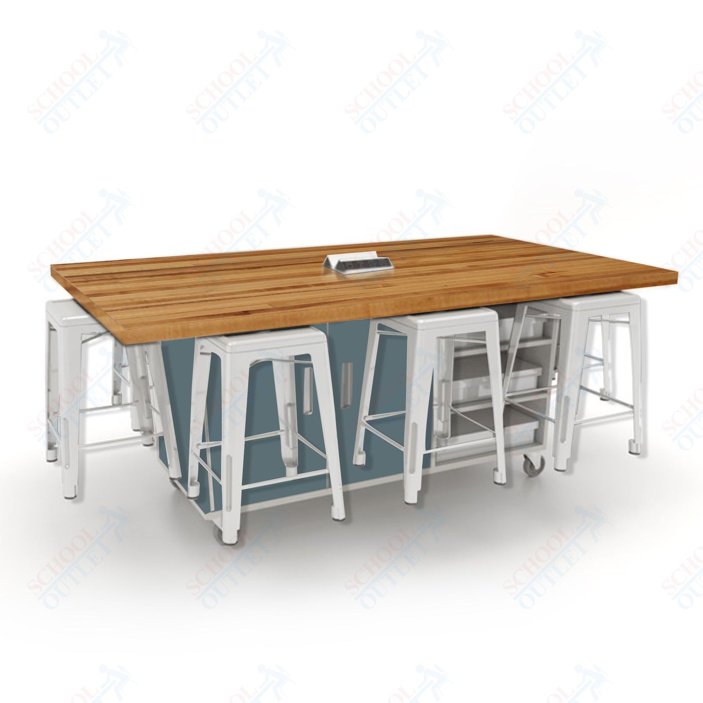 CEF ED8 Table 36"H Butcher Block Top, Laminate Base with  8 Stools, Storage bins, and Electrical Outlets Included.