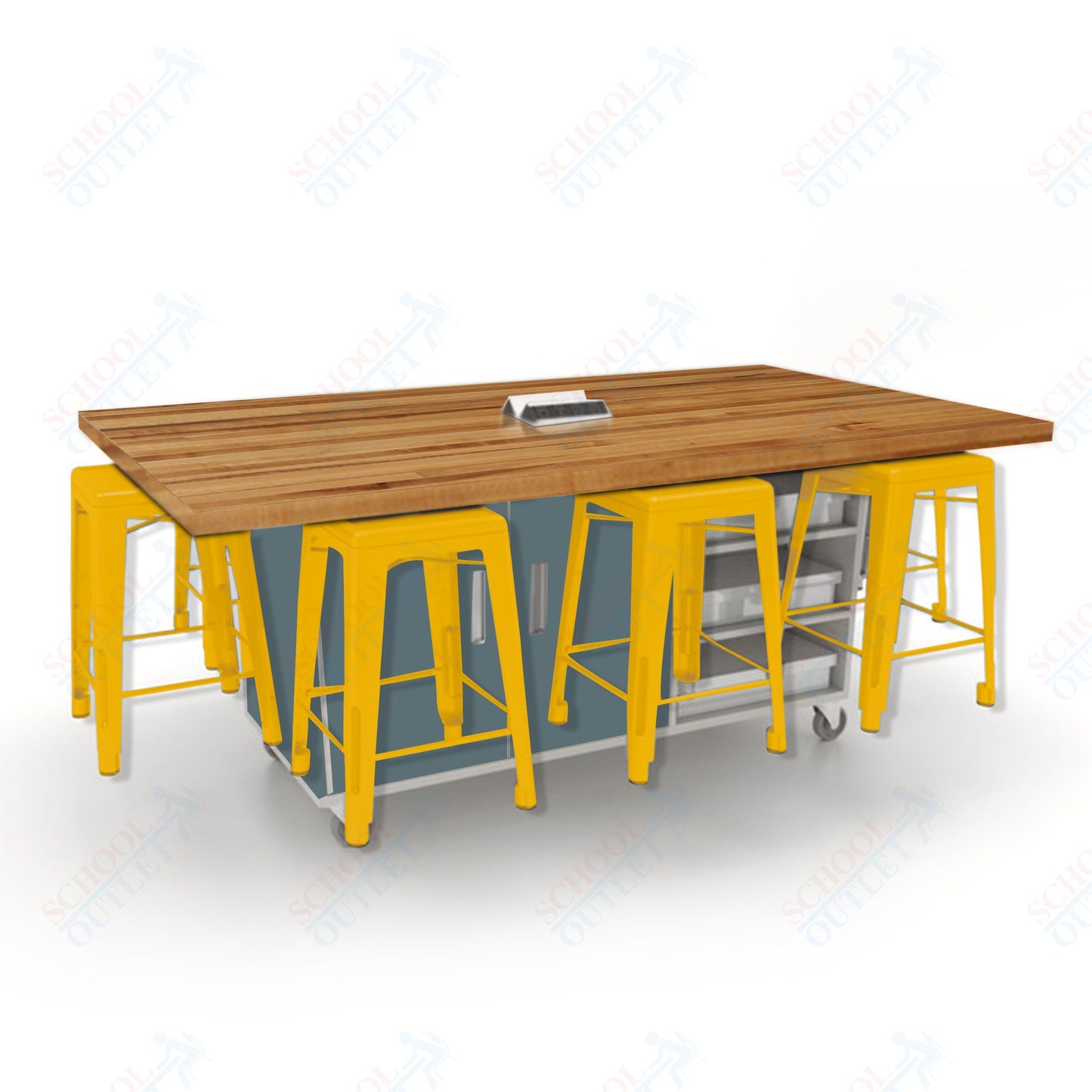 CEF ED8 Table 36"H Butcher Block Top, Laminate Base with  8 Stools, Storage bins, and Electrical Outlets Included.