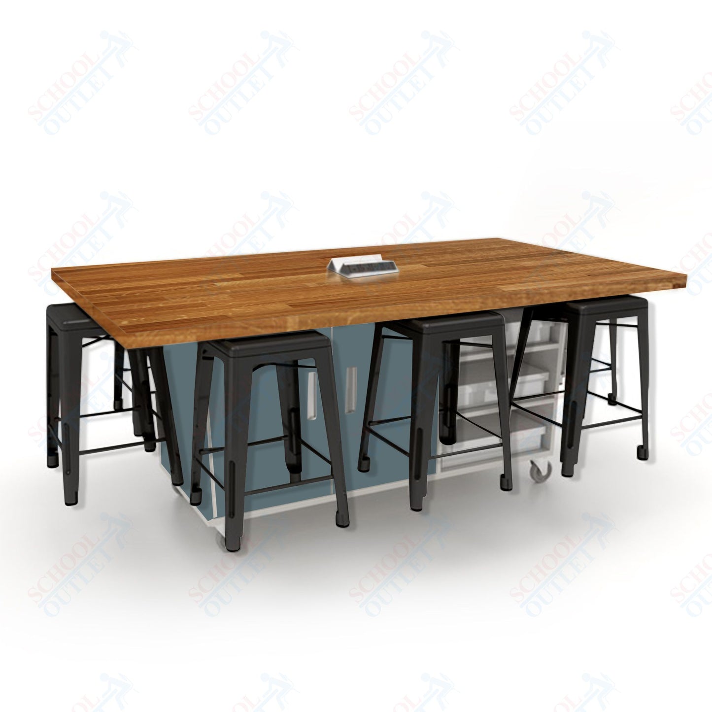 CEF ED8 Table 36"H Butcher Block Top, Laminate Base with  8 Stools, Storage bins, and Electrical Outlets Included.