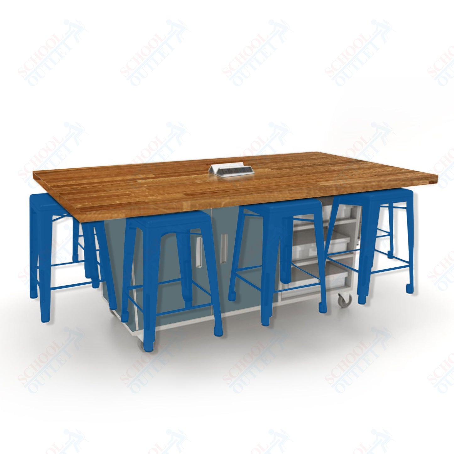 CEF ED8 Table 36"H Butcher Block Top, Laminate Base with  8 Stools, Storage bins, and Electrical Outlets Included.