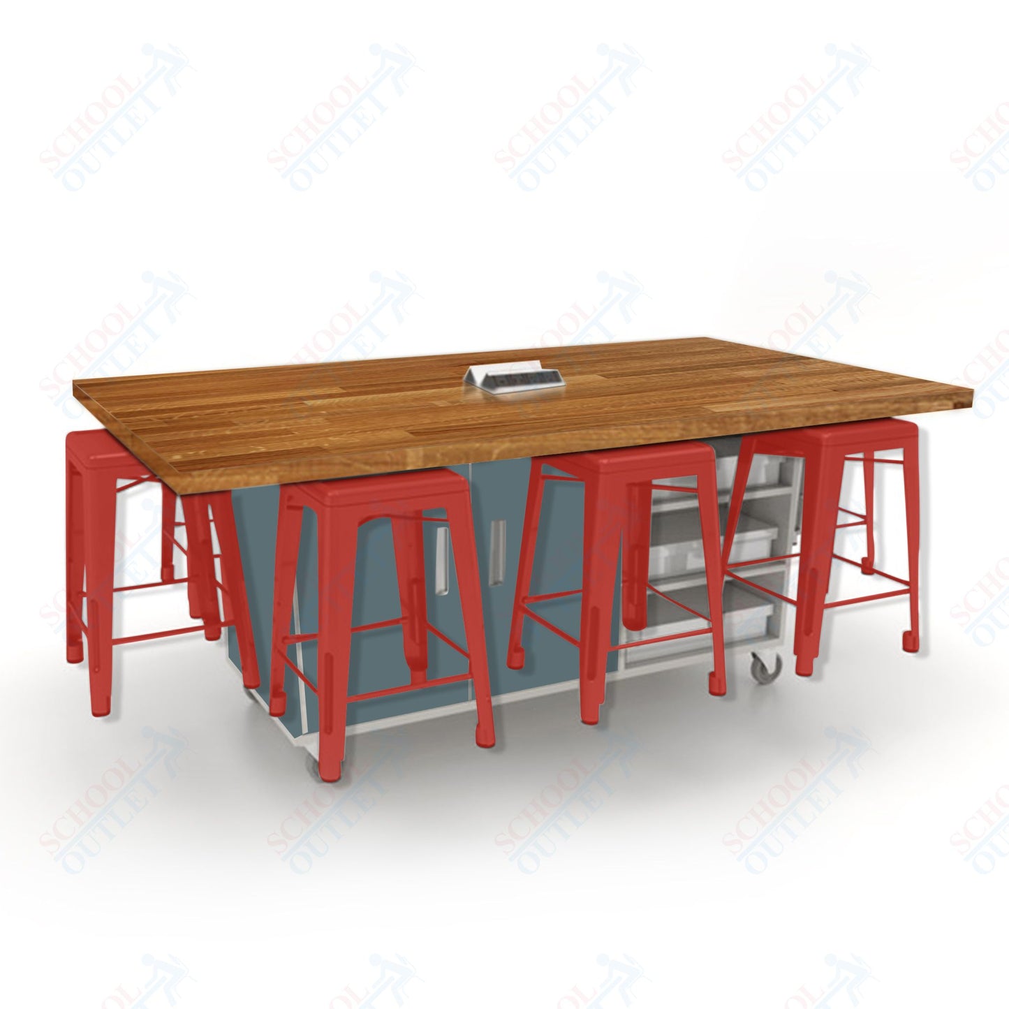 CEF ED8 Table 36"H Butcher Block Top, Laminate Base with  8 Stools, Storage bins, and Electrical Outlets Included.