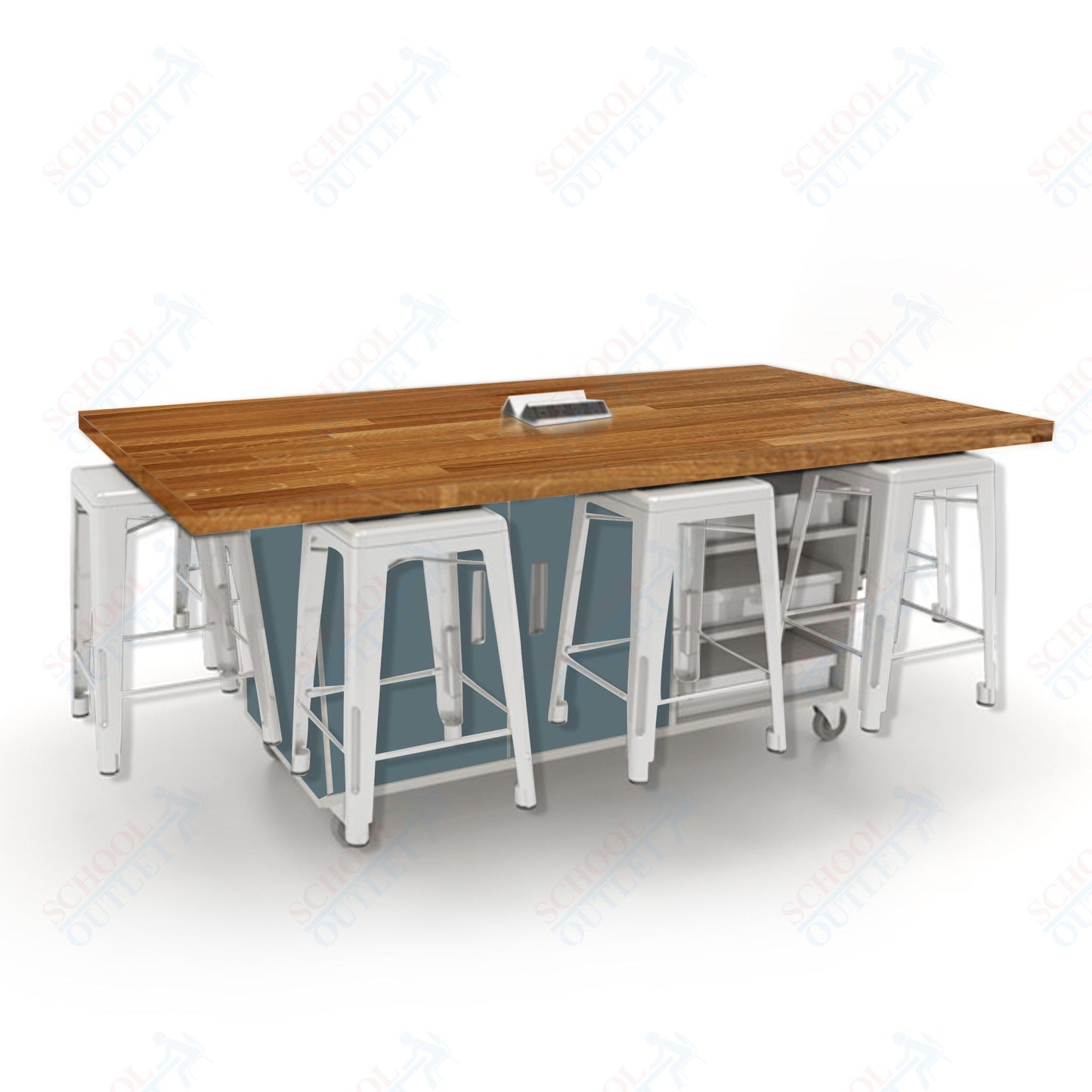 CEF ED8 Table 36"H Butcher Block Top, Laminate Base with  8 Stools, Storage bins, and Electrical Outlets Included.