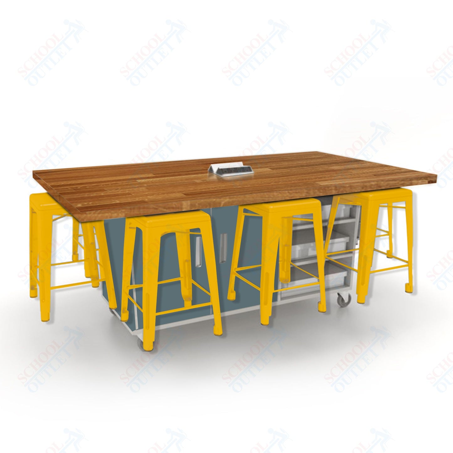 CEF ED8 Table 36"H Butcher Block Top, Laminate Base with  8 Stools, Storage bins, and Electrical Outlets Included.