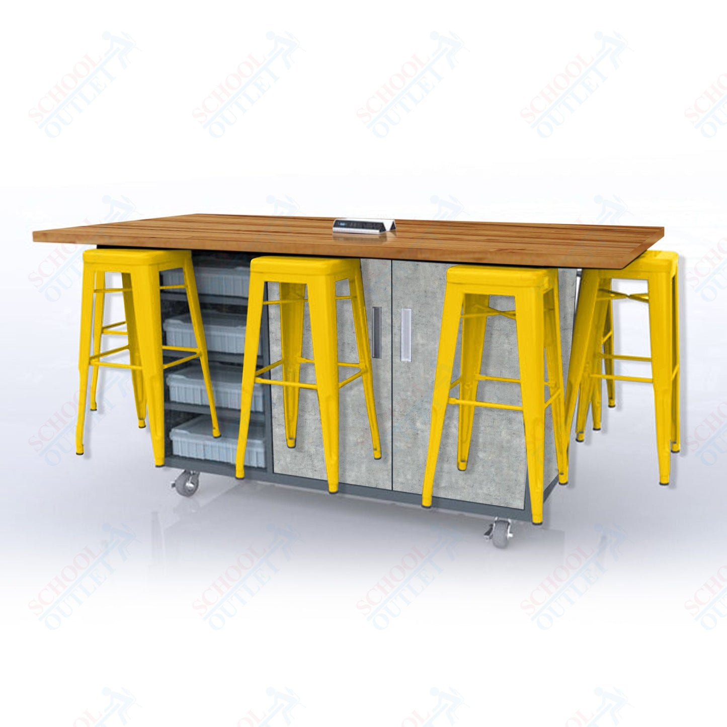 CEF ED8 Table 42"H Butcher Block Top, Laminate Base with  8 Stools, Storage bins, and Electrical Outlets Included.