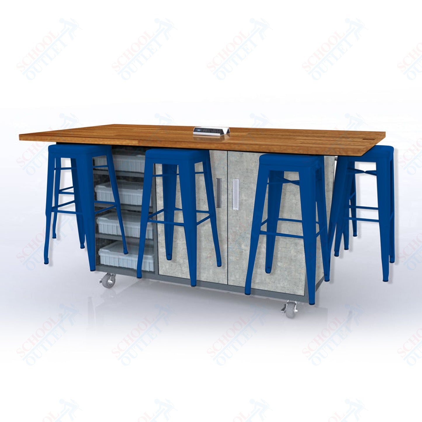 CEF ED8 Table 42"H Butcher Block Top, Laminate Base with  8 Stools, Storage bins, and Electrical Outlets Included.