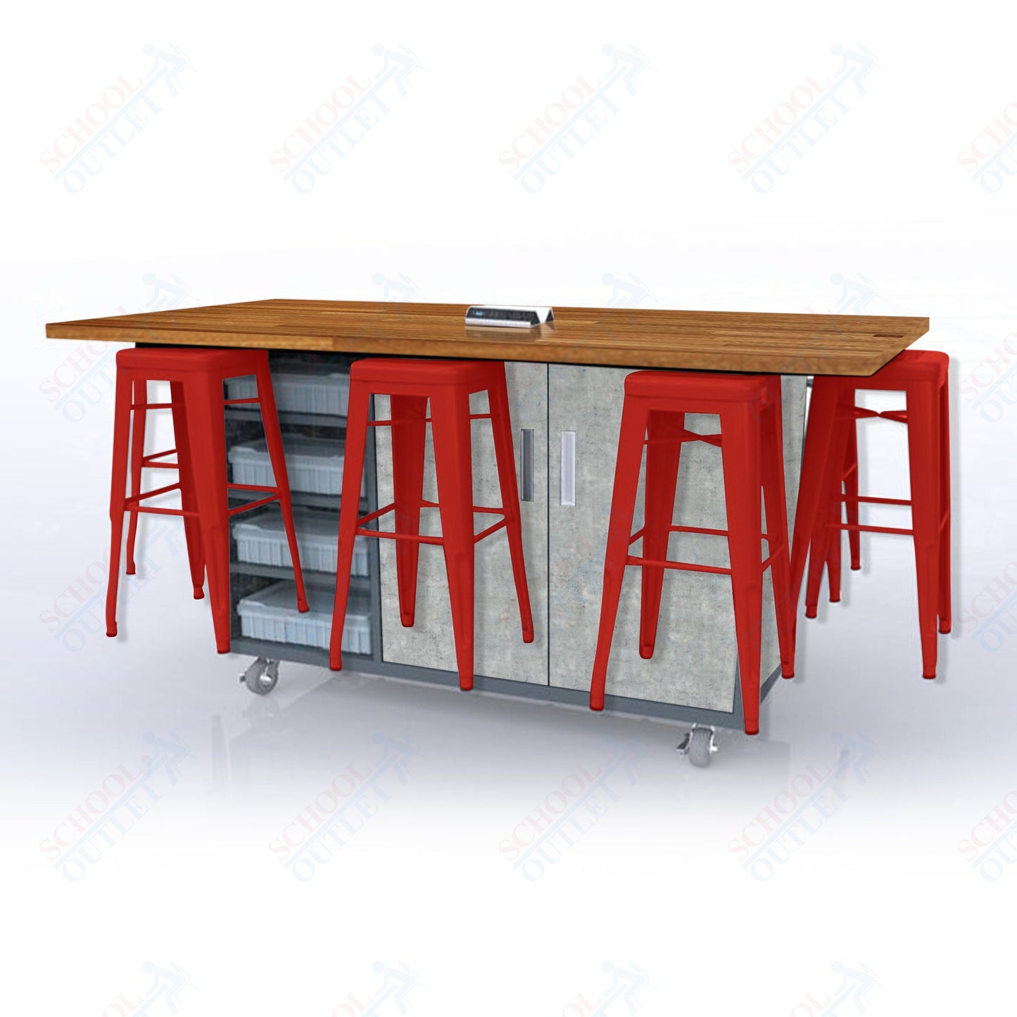 CEF ED8 Table 42"H Butcher Block Top, Laminate Base with  8 Stools, Storage bins, and Electrical Outlets Included.