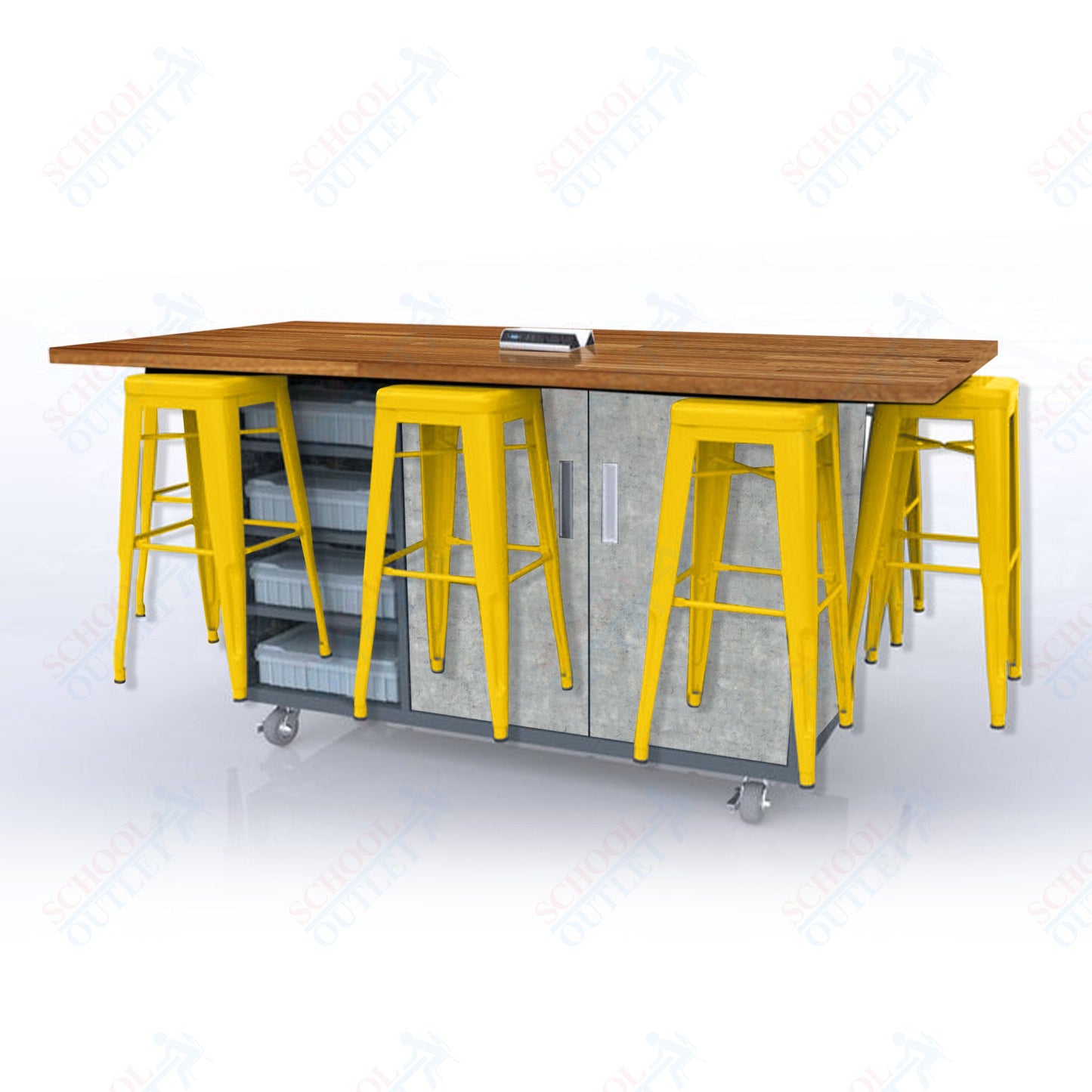 CEF ED8 Table 42"H Butcher Block Top, Laminate Base with  8 Stools, Storage bins, and Electrical Outlets Included.