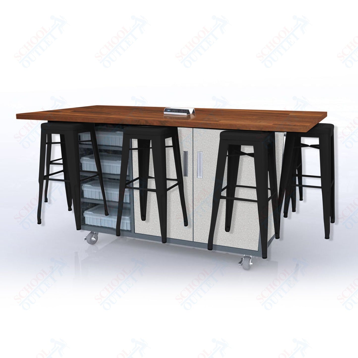 CEF ED8 Table 42"H Butcher Block Top, Laminate Base with  8 Stools, Storage bins, and Electrical Outlets Included.